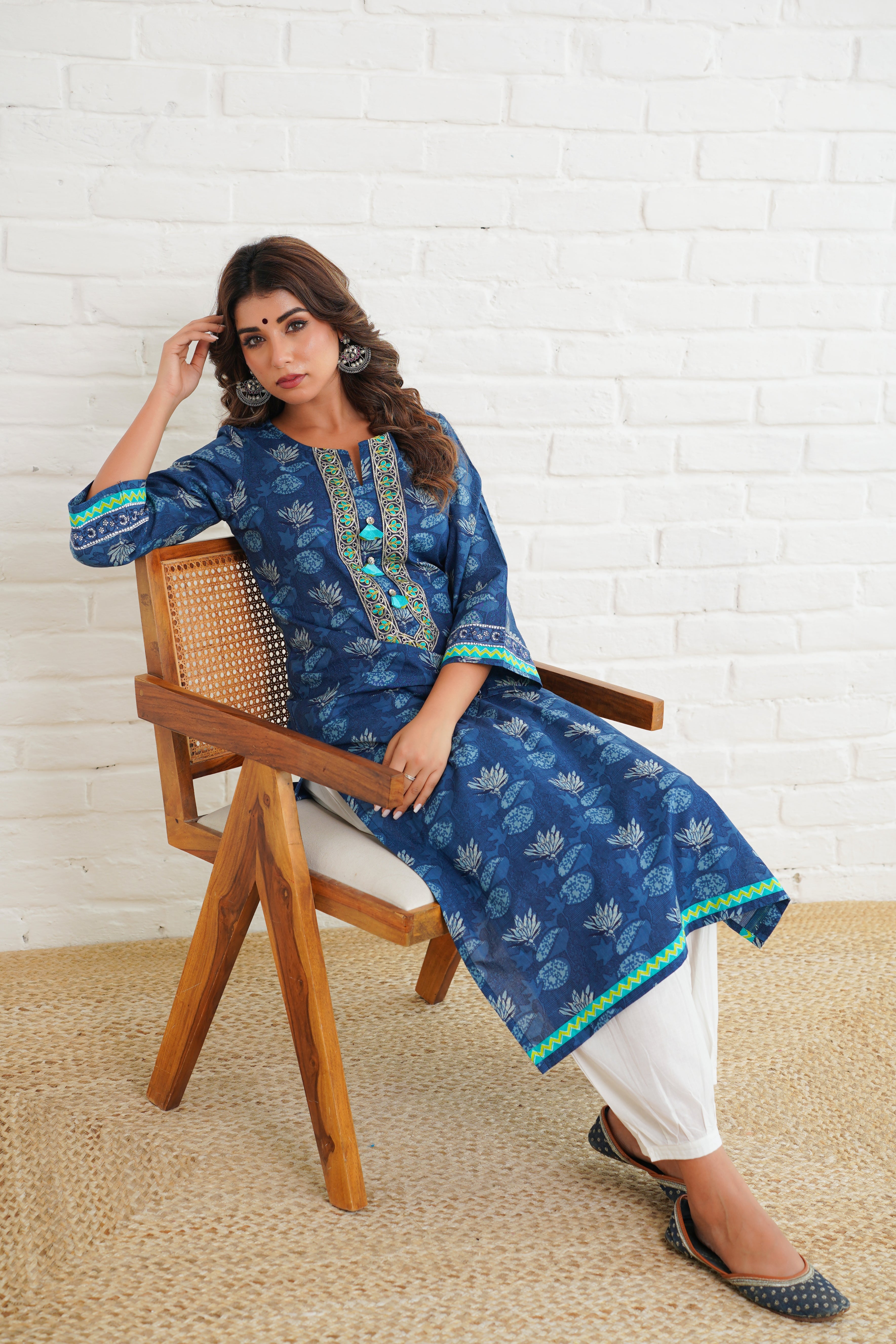 Indigo Floral Cotton Printed Kurta