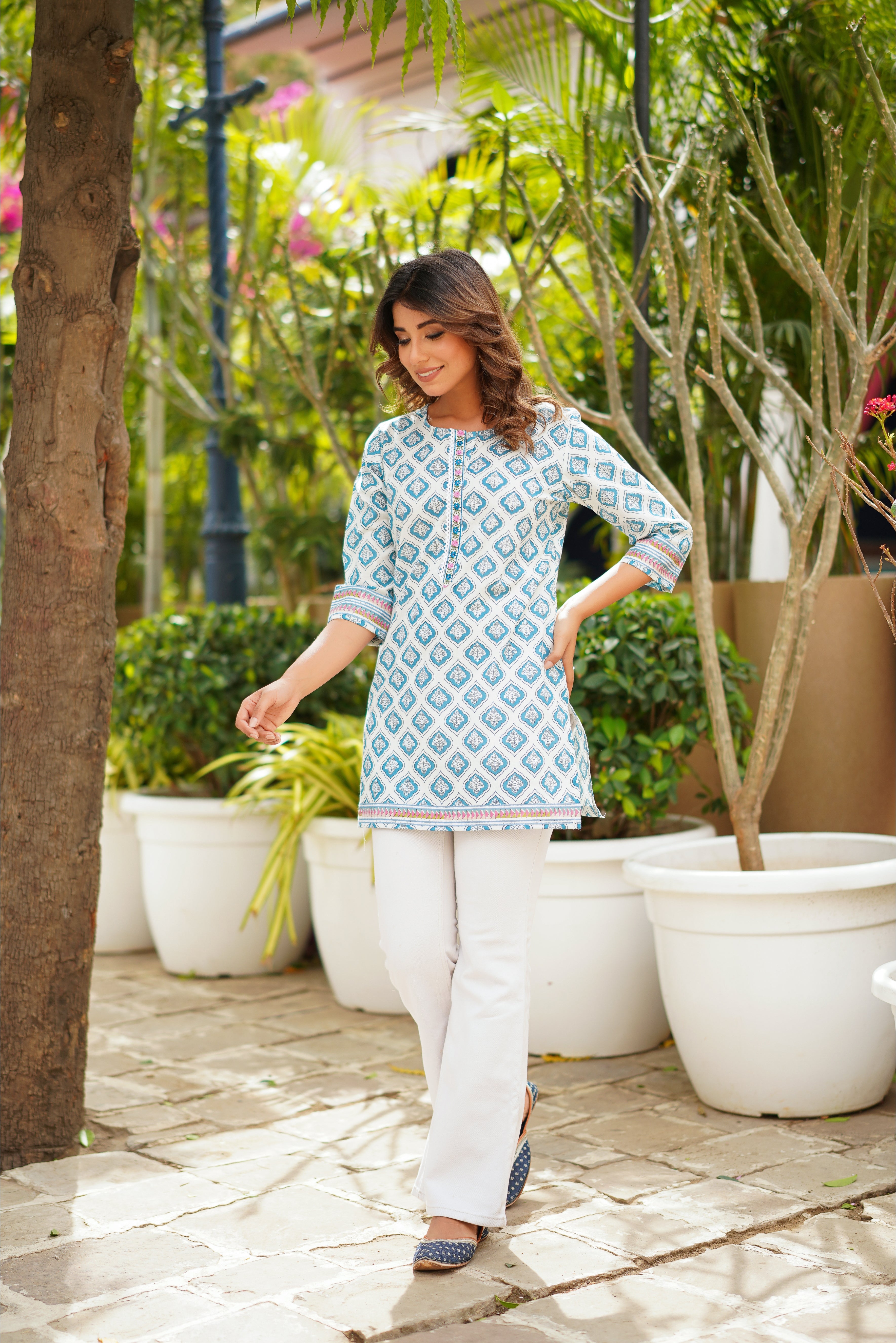 Blue Motif Printed Cotton Top