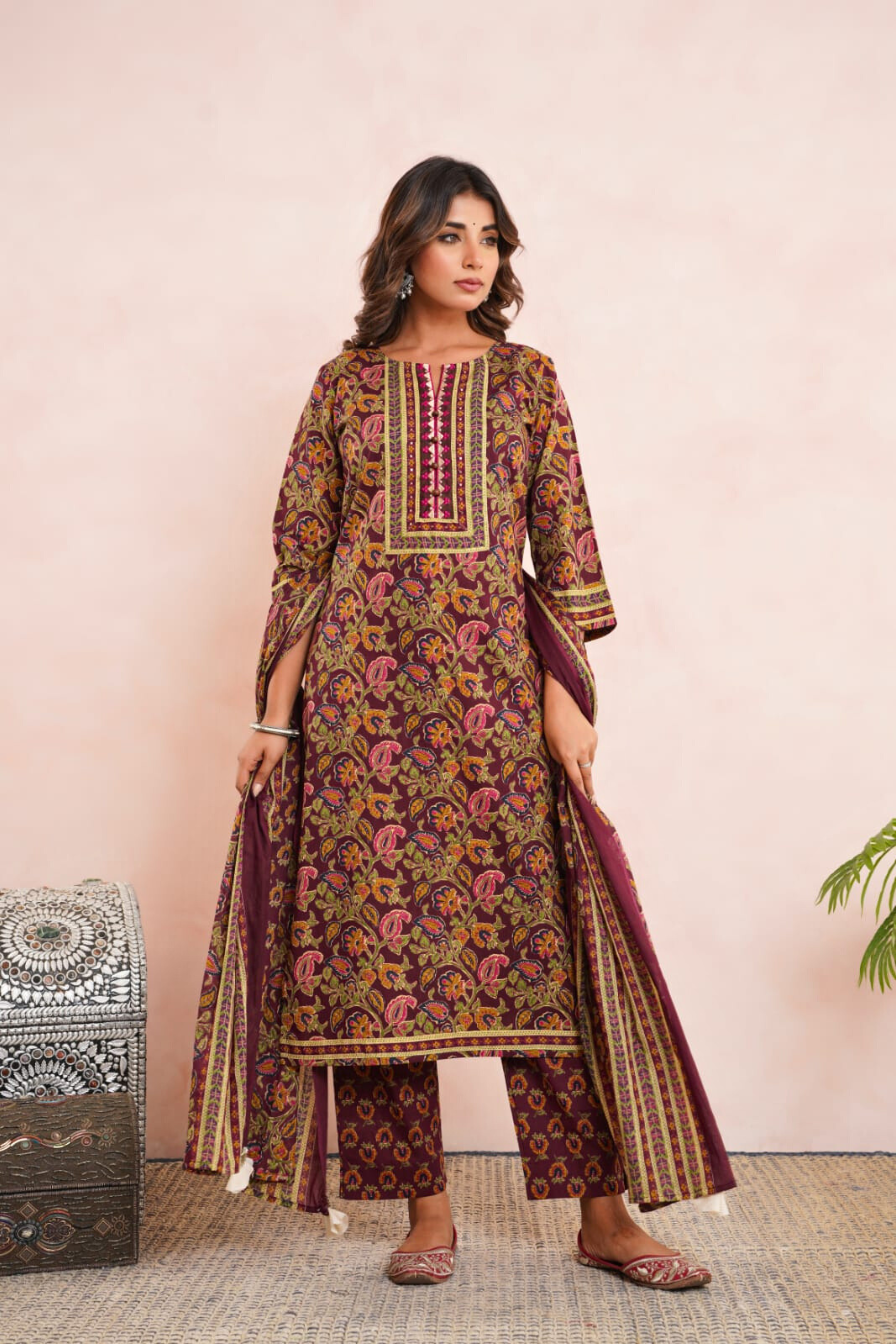 Maroon Floral Printed Cotton Suit Set