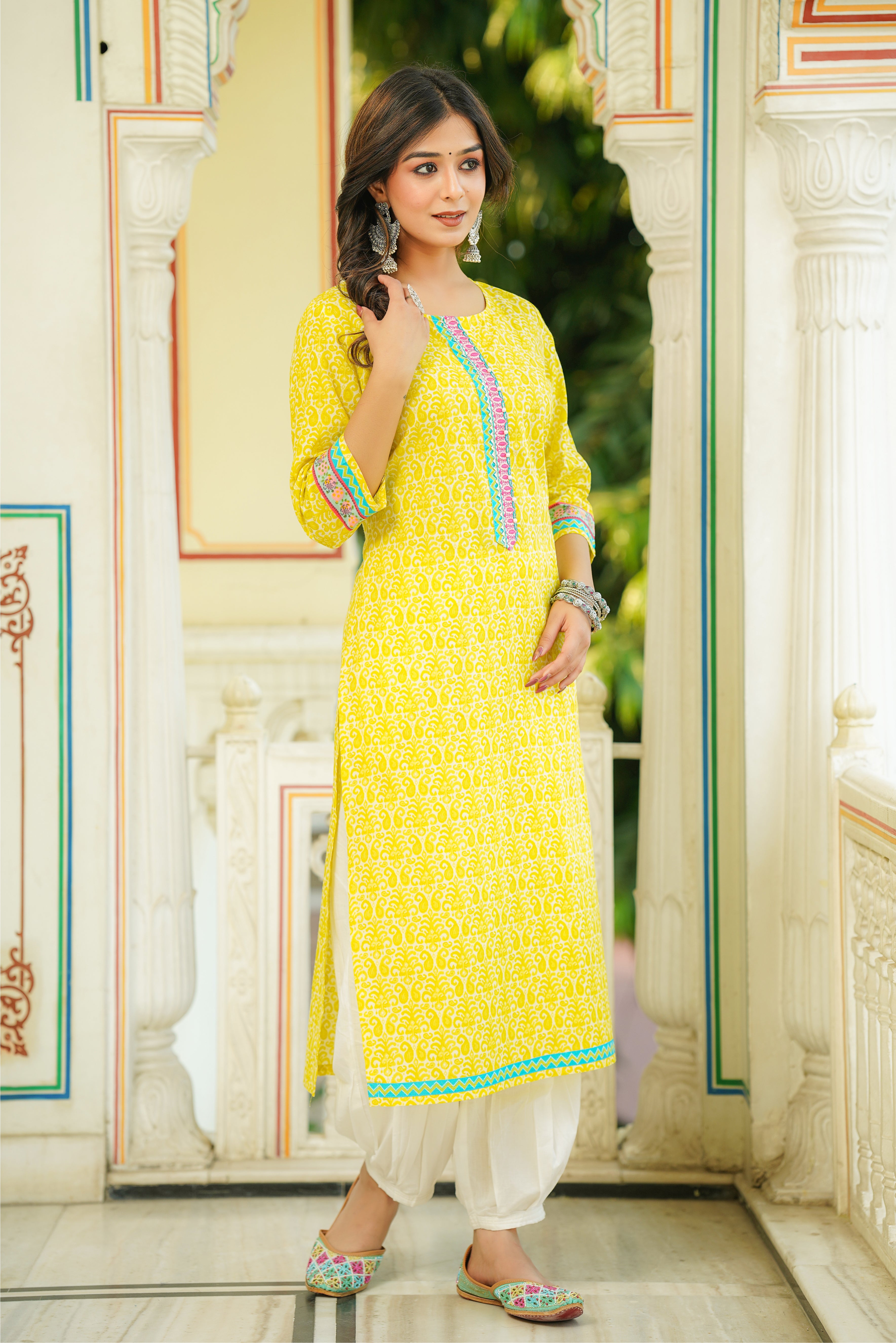 Yellow Motif Printed Cotton Kurta