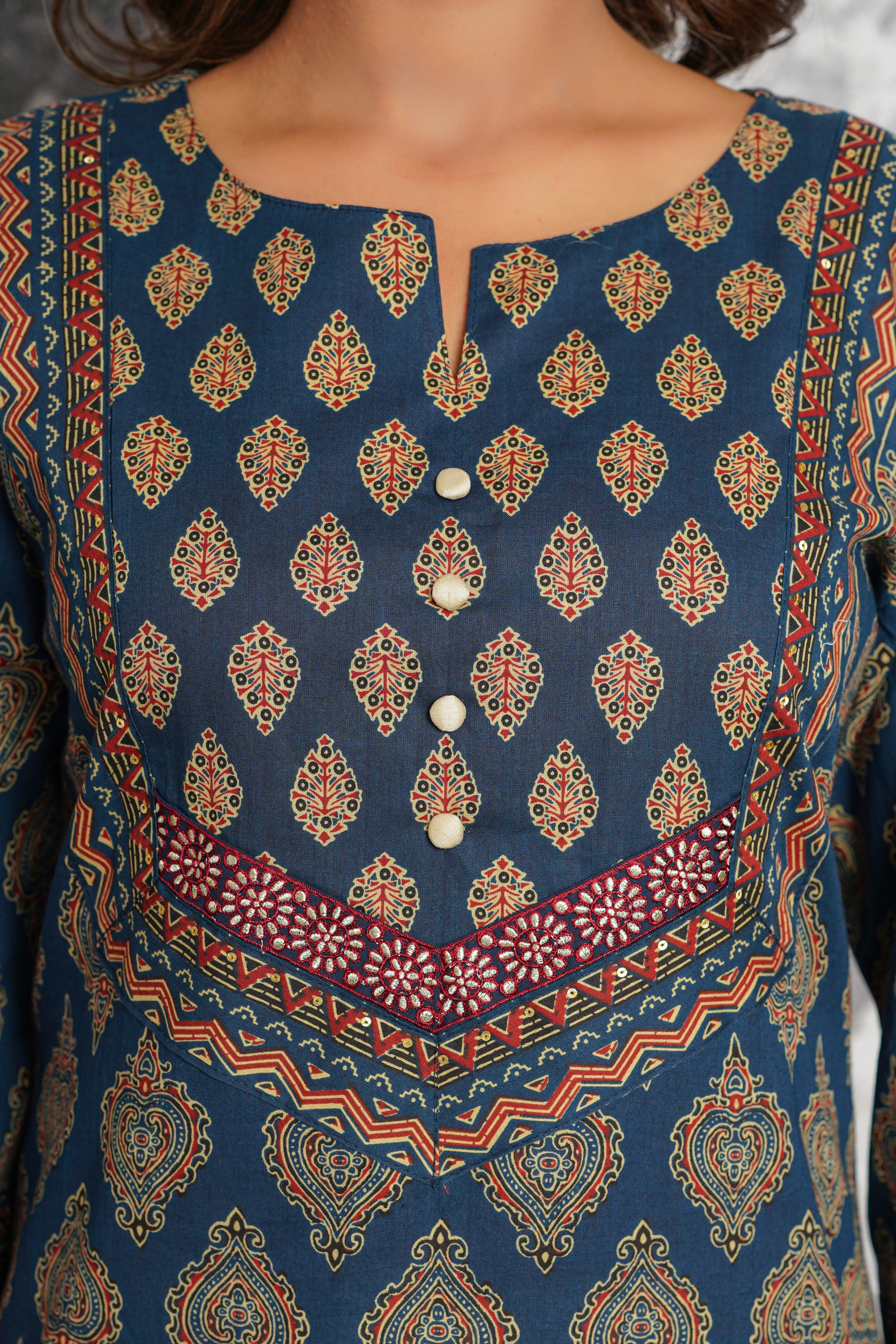 Blue Motif Printed Cotton Kurta