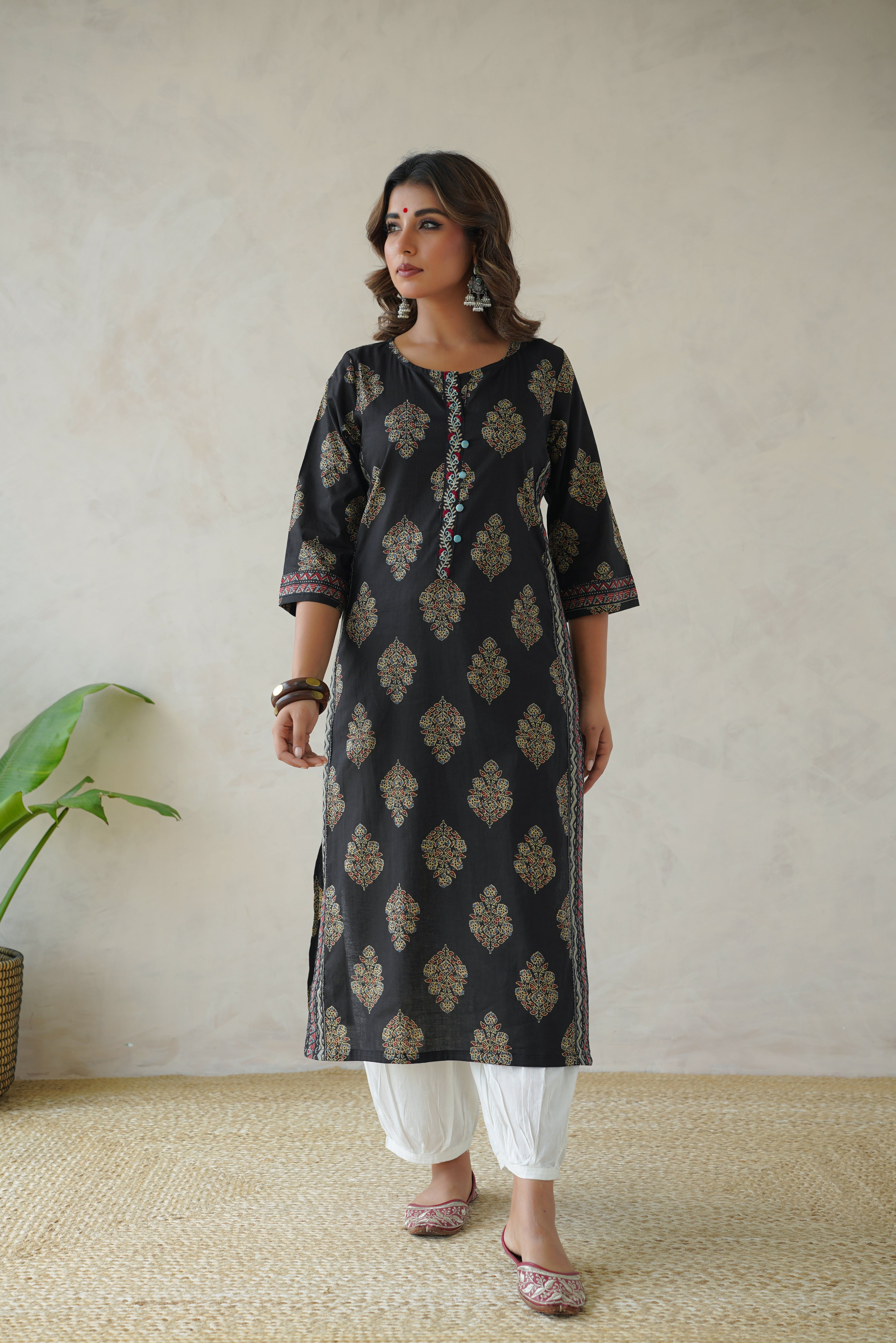 Black Motif Cotton Printed Kurta