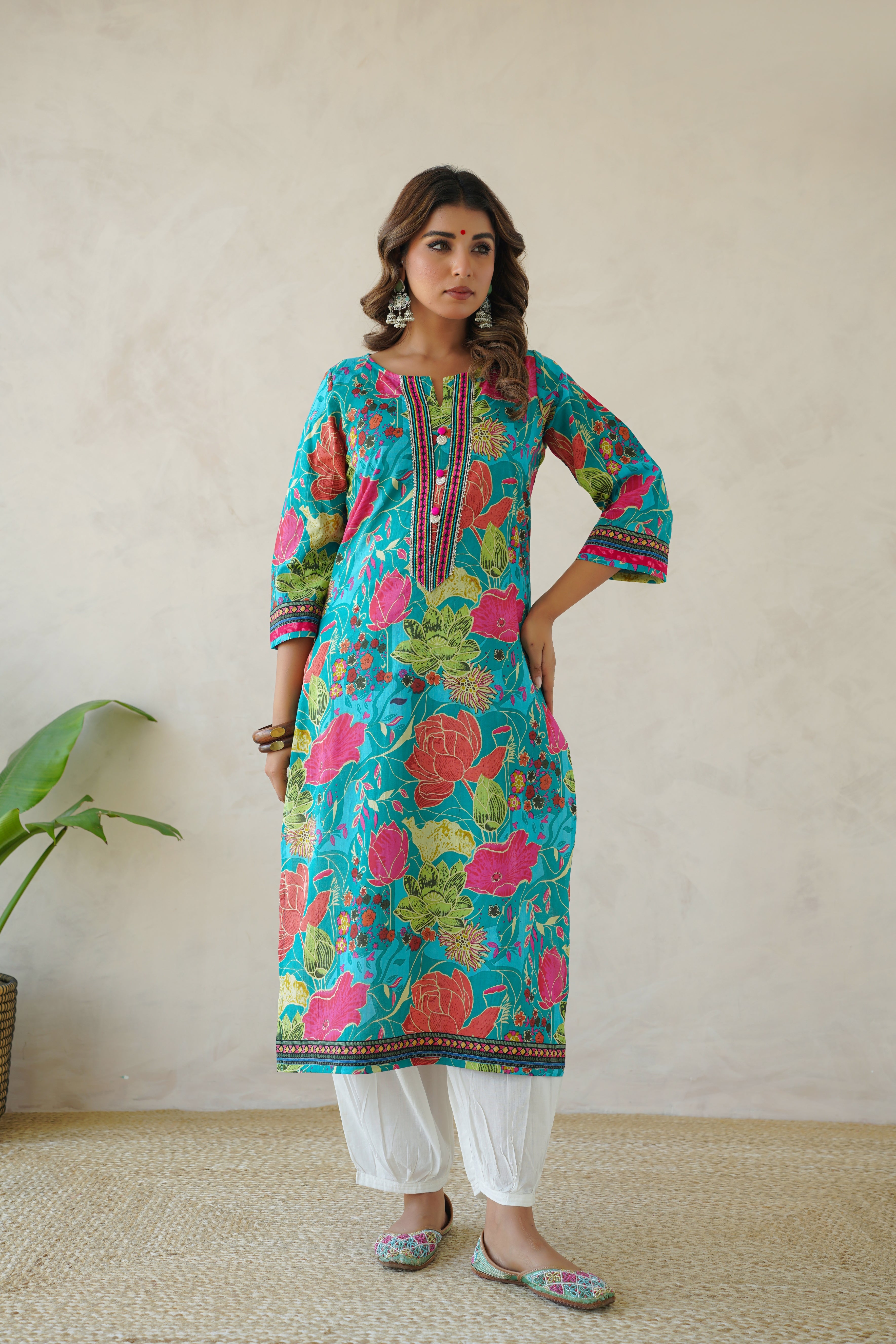Firozi Multi Floral Cotton Printed Kurta
