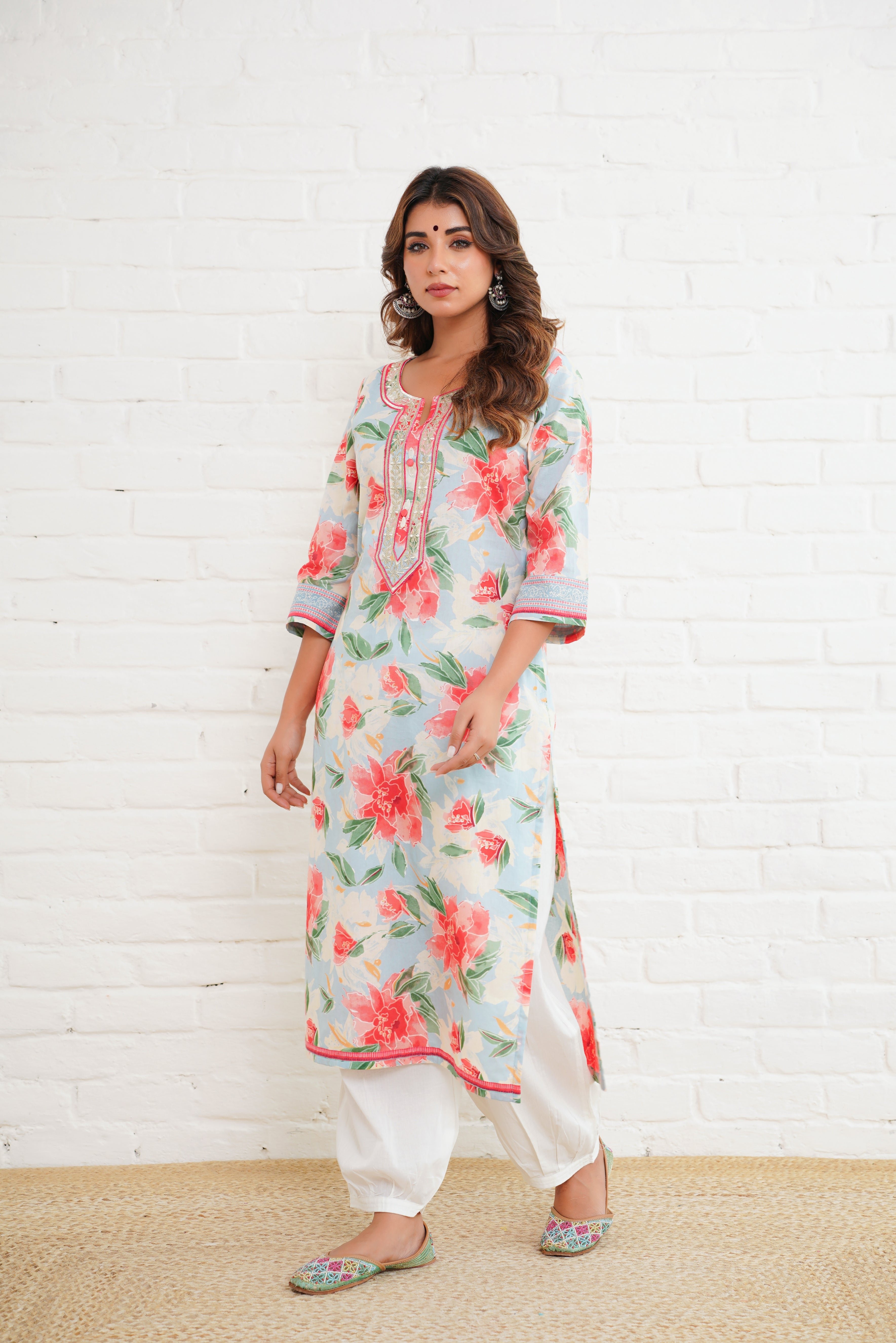 Blue Floral Printed Cotton Kurta