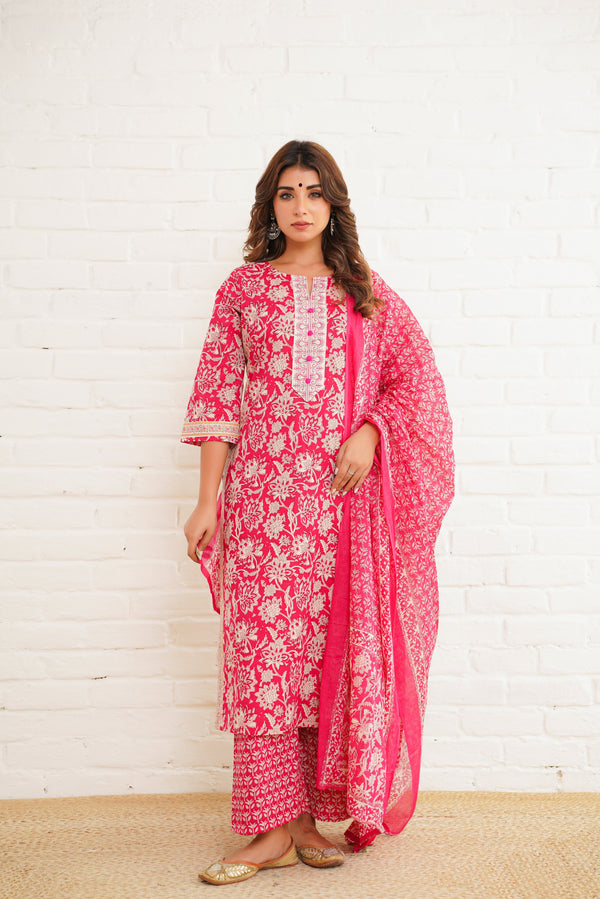 Pink Printed Cotton Suit Set