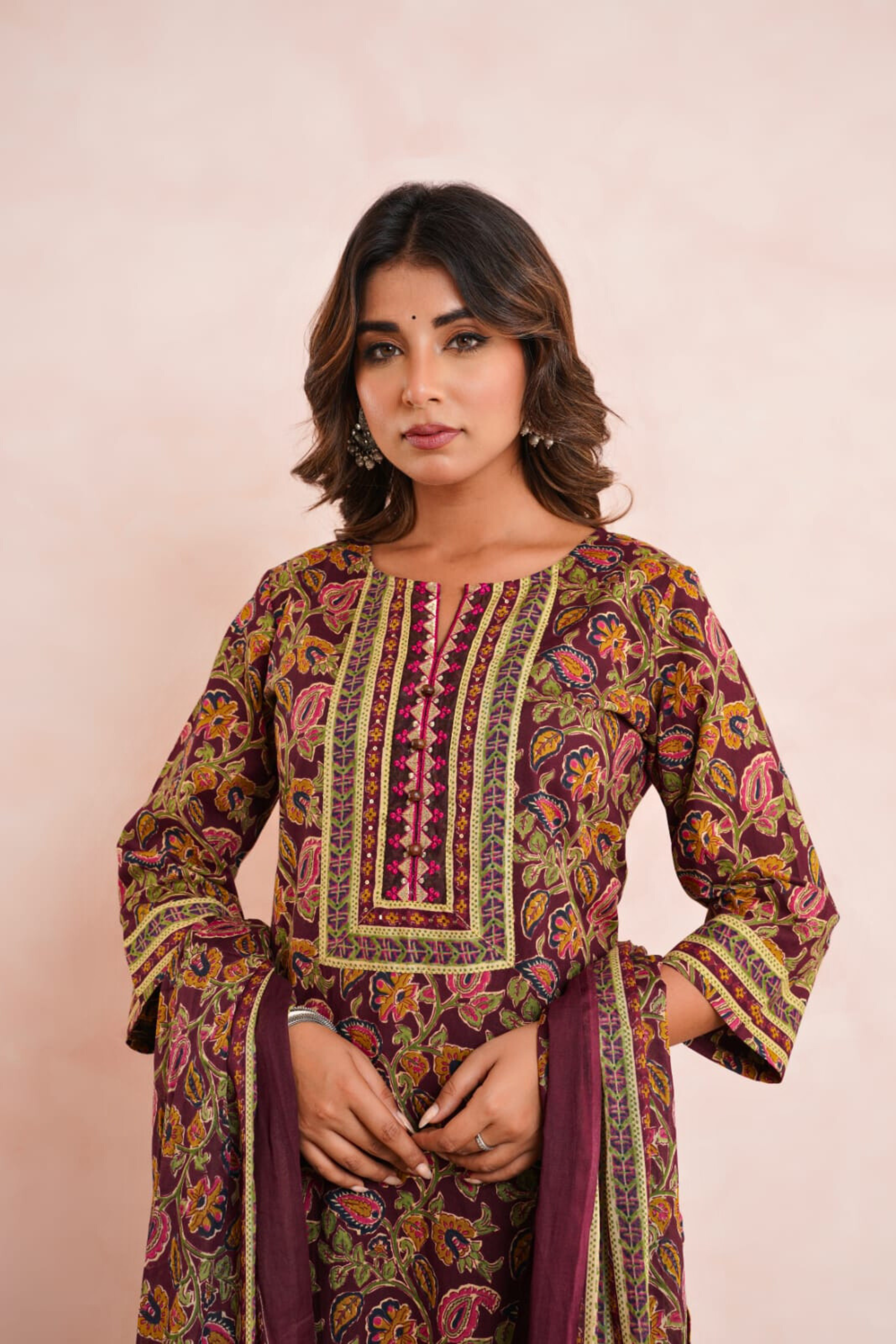Maroon Floral Printed Cotton Suit Set