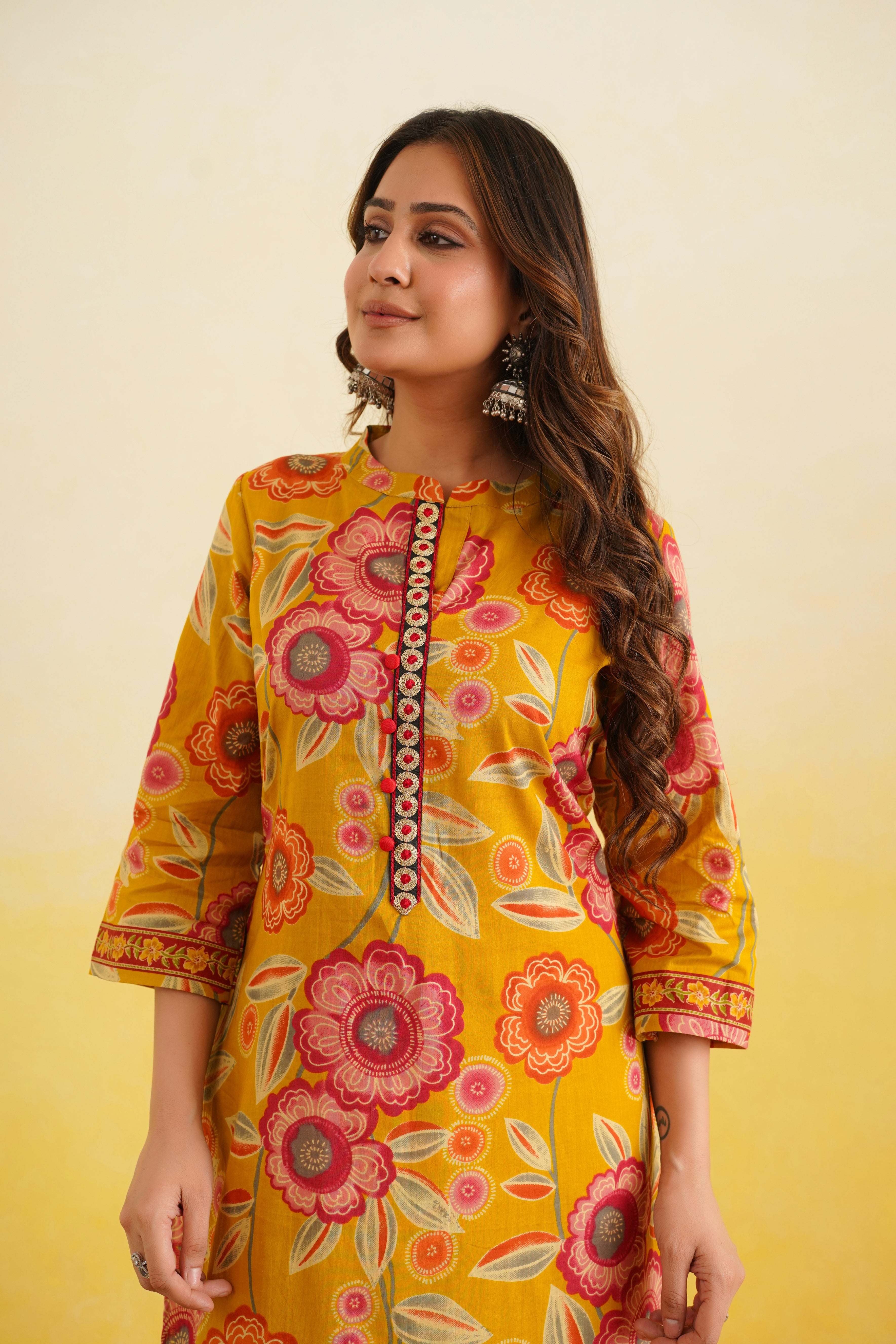 Mustard Floral Cotton Printed Kurta