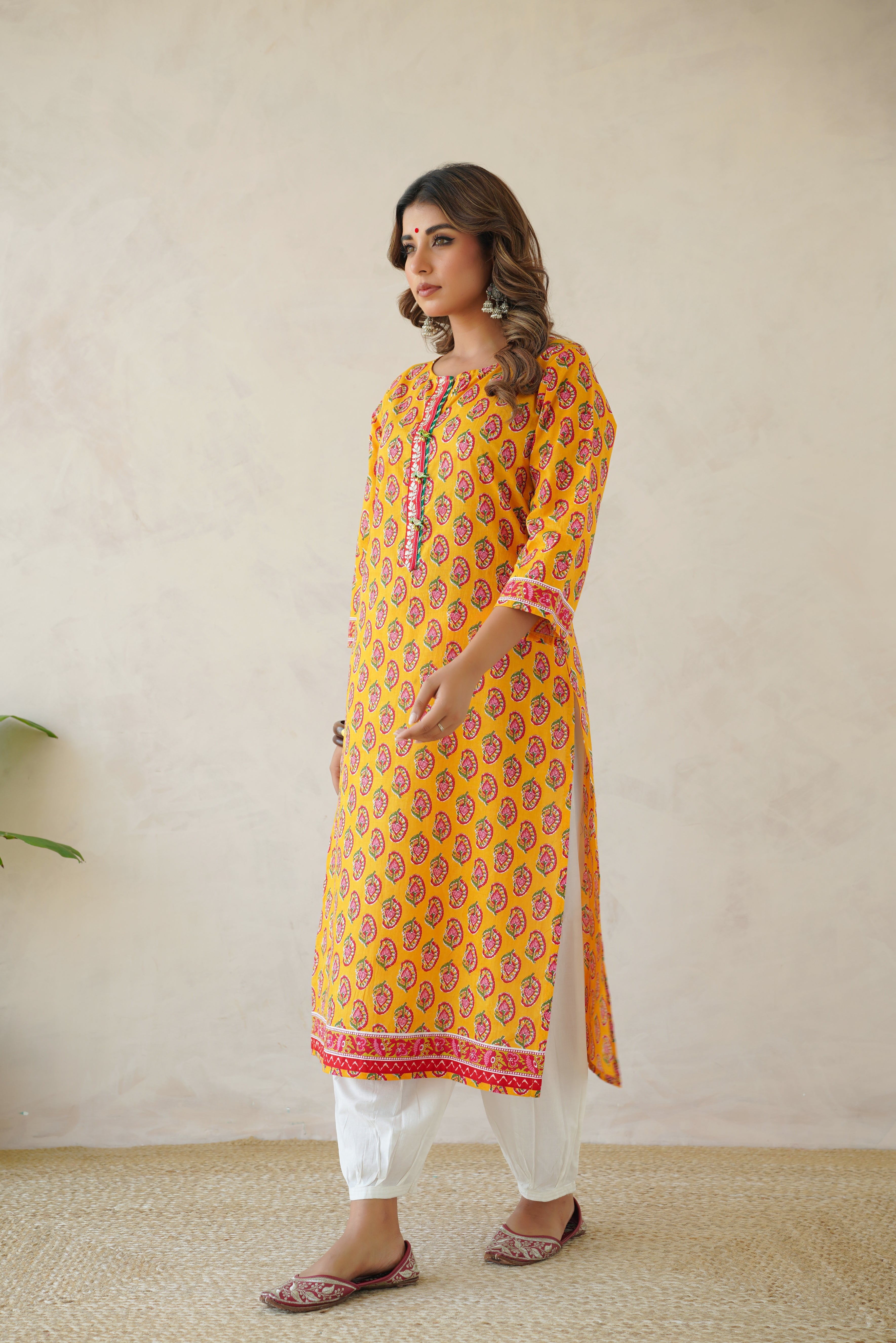 Yellow Motif Cotton Printed Kurta