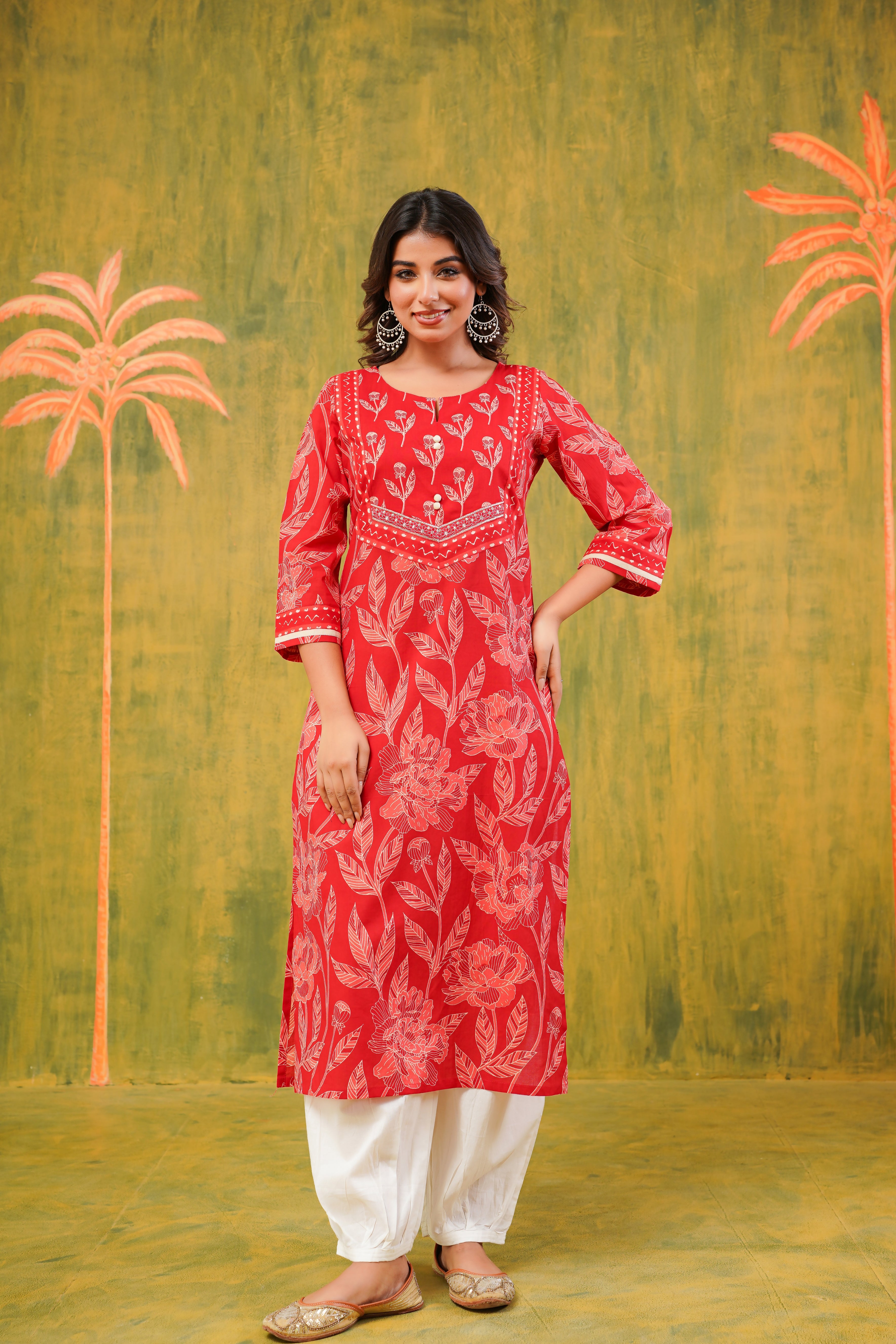 Red Floral Cotton Printed Kurta