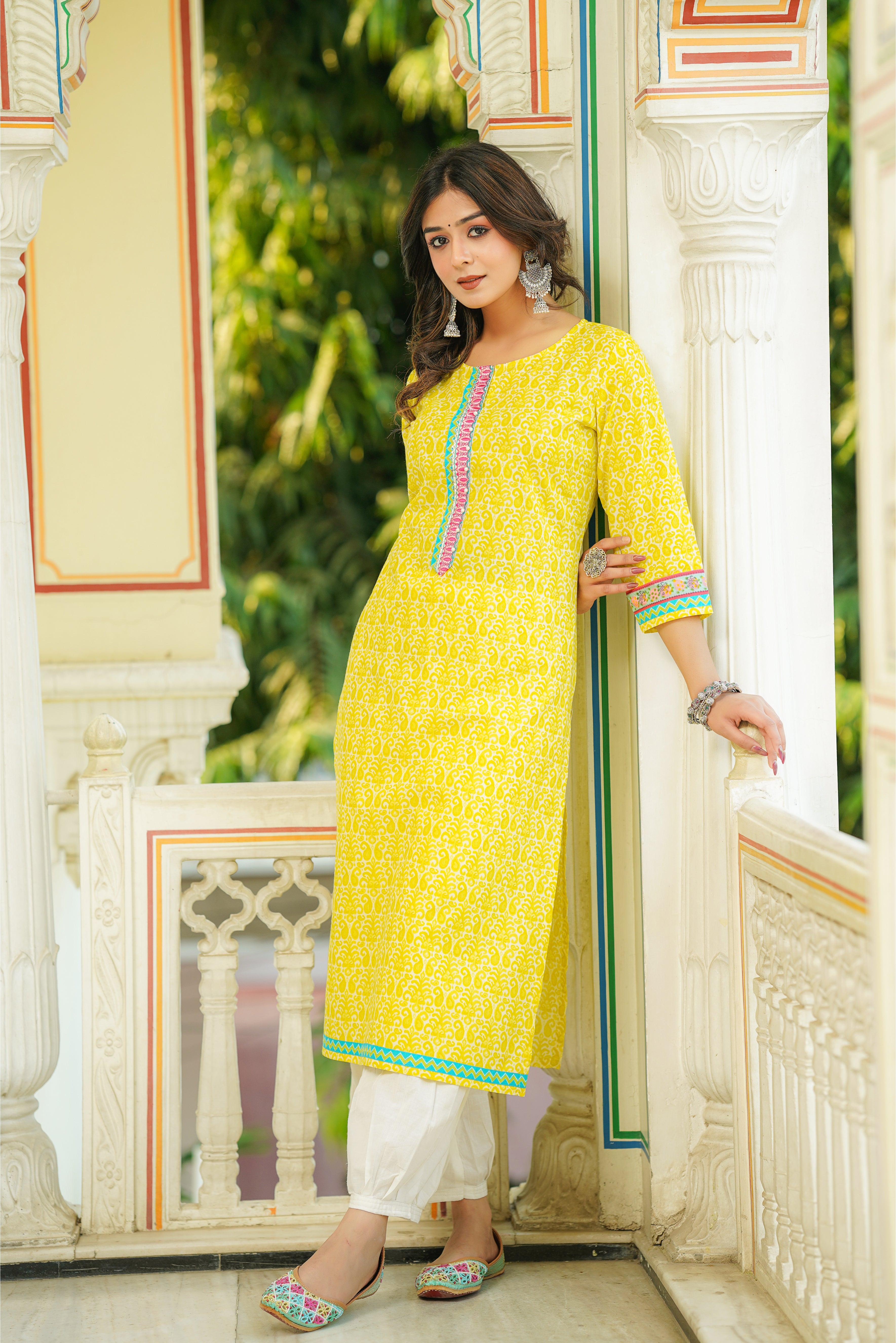 Yellow Motif Printed Cotton Kurta