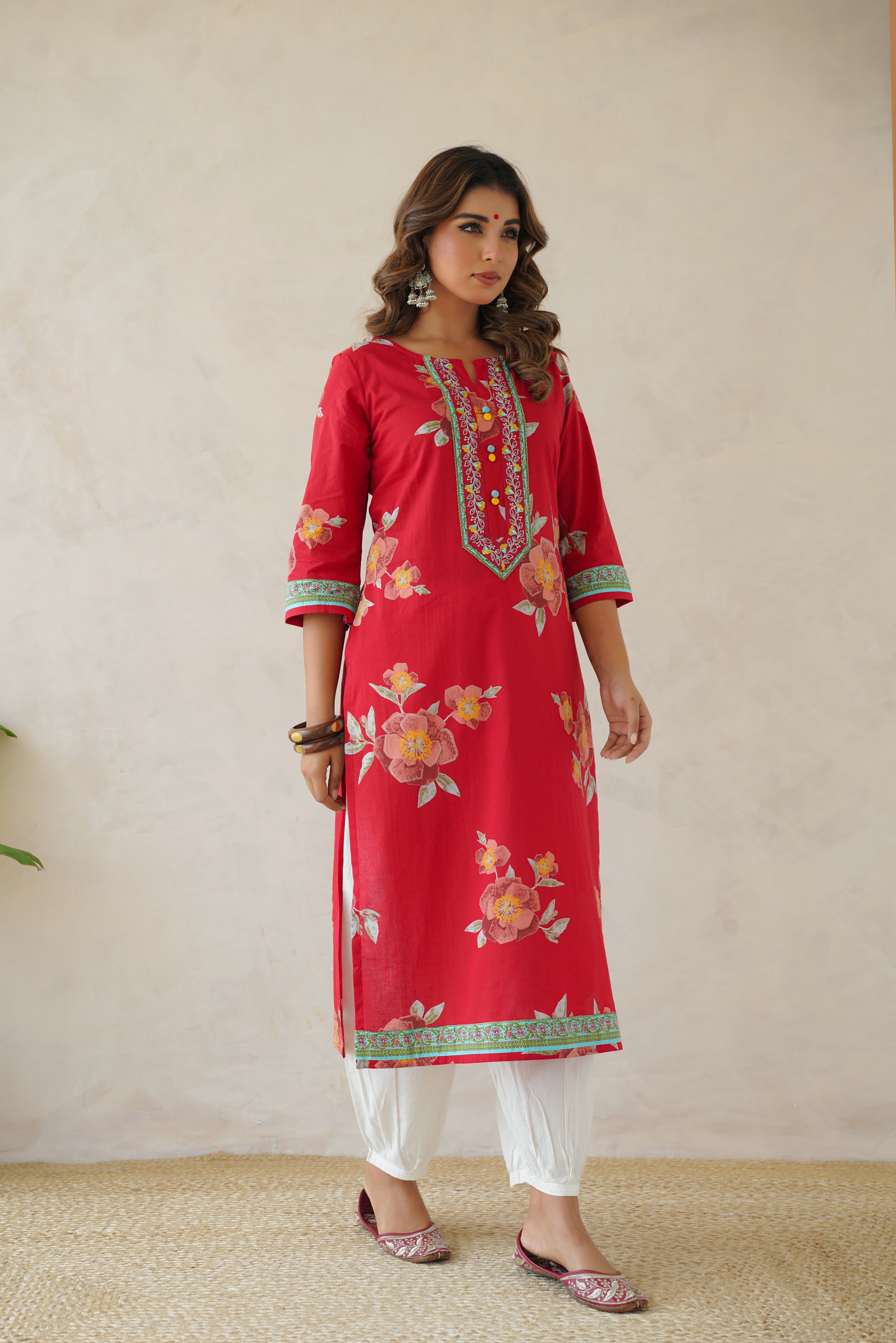Red Floral Cotton Printed Kurta