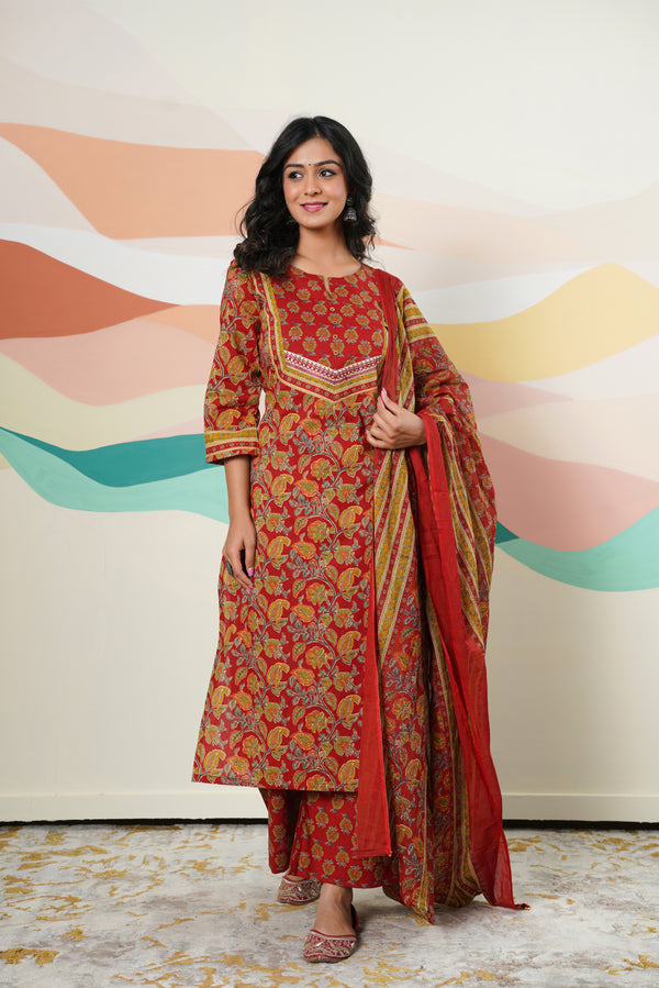 Red Floral Printed Cotton Suit Set