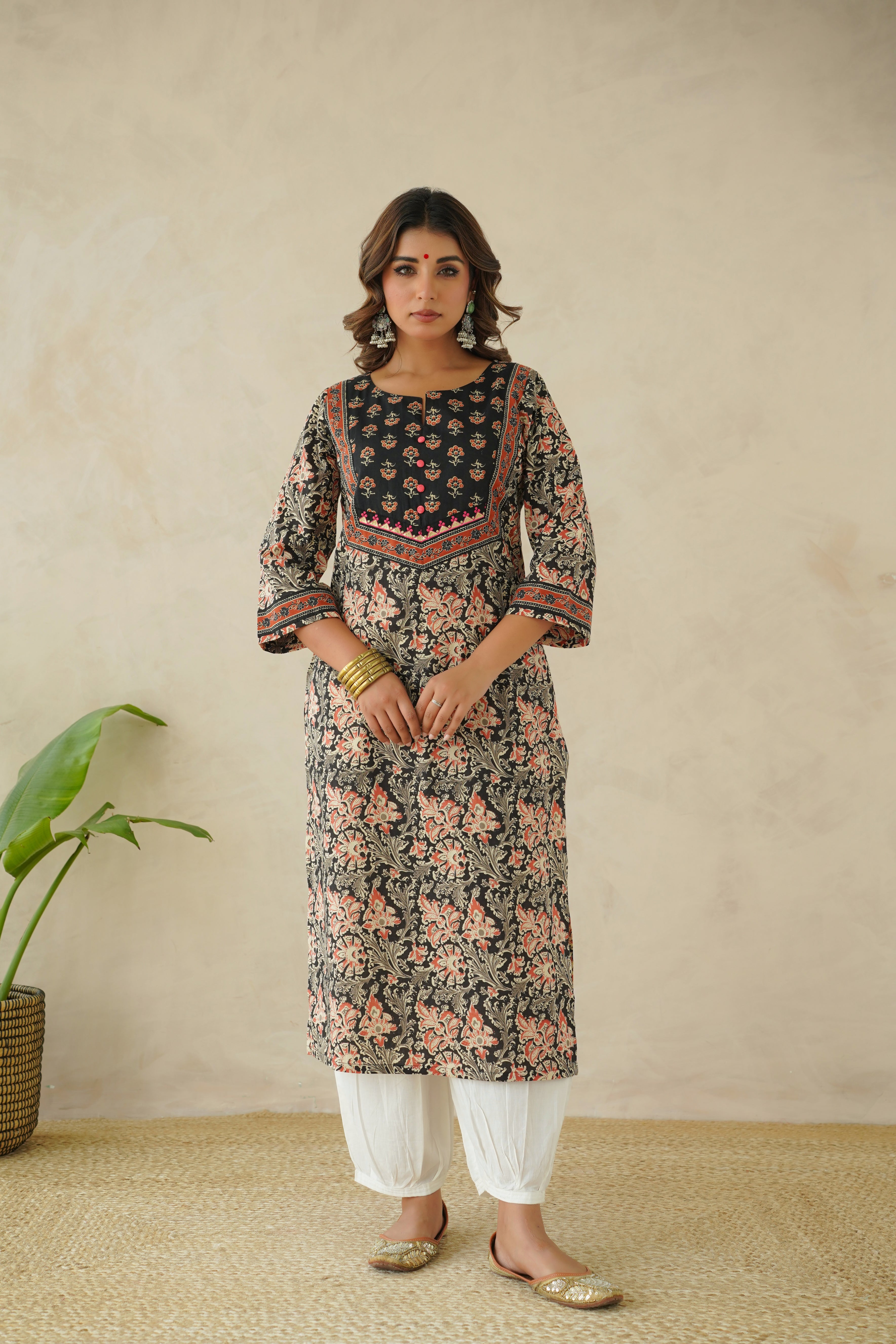 Black Floral Cotton Printed Kurta