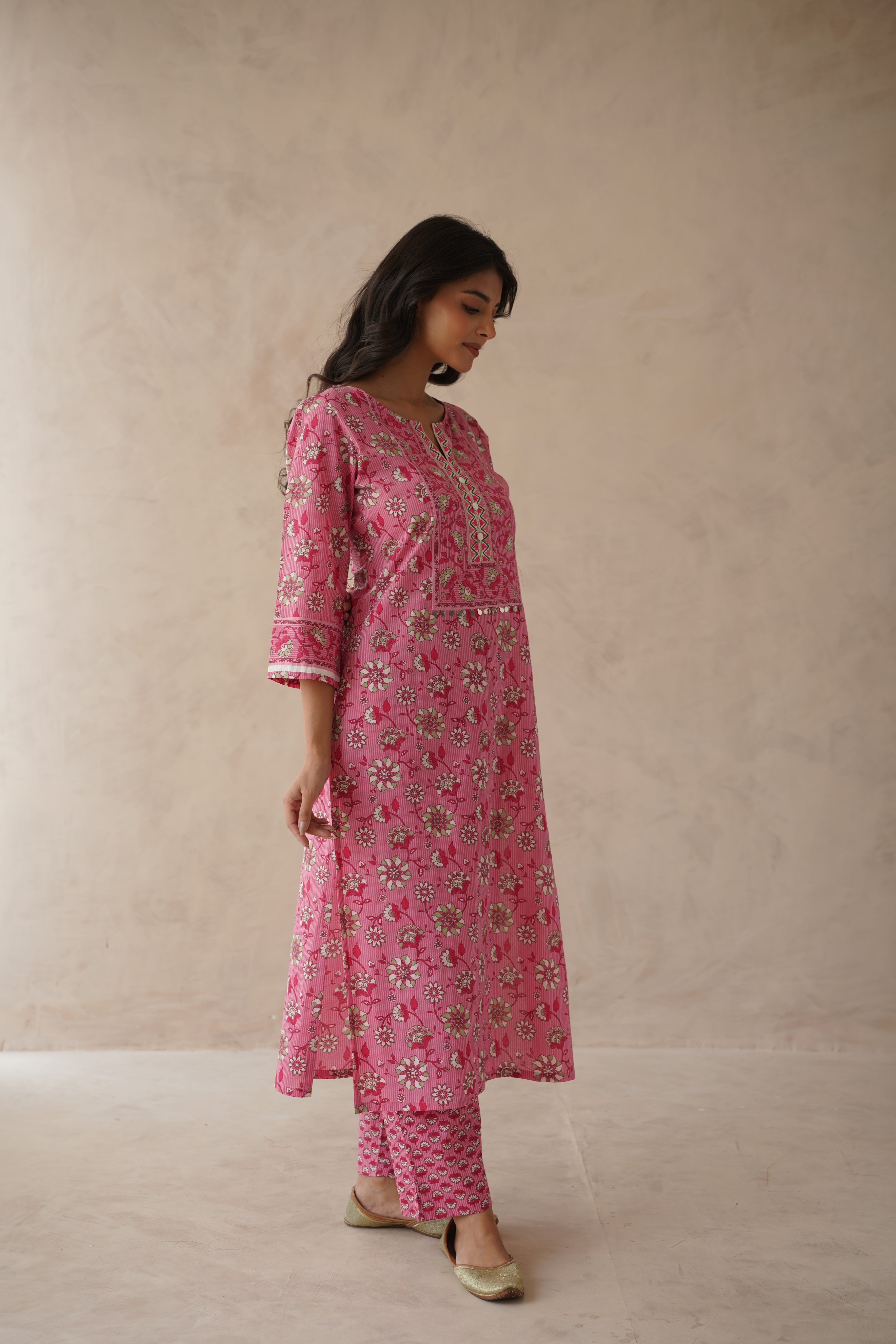 Pink Floral Cotton Suit Set