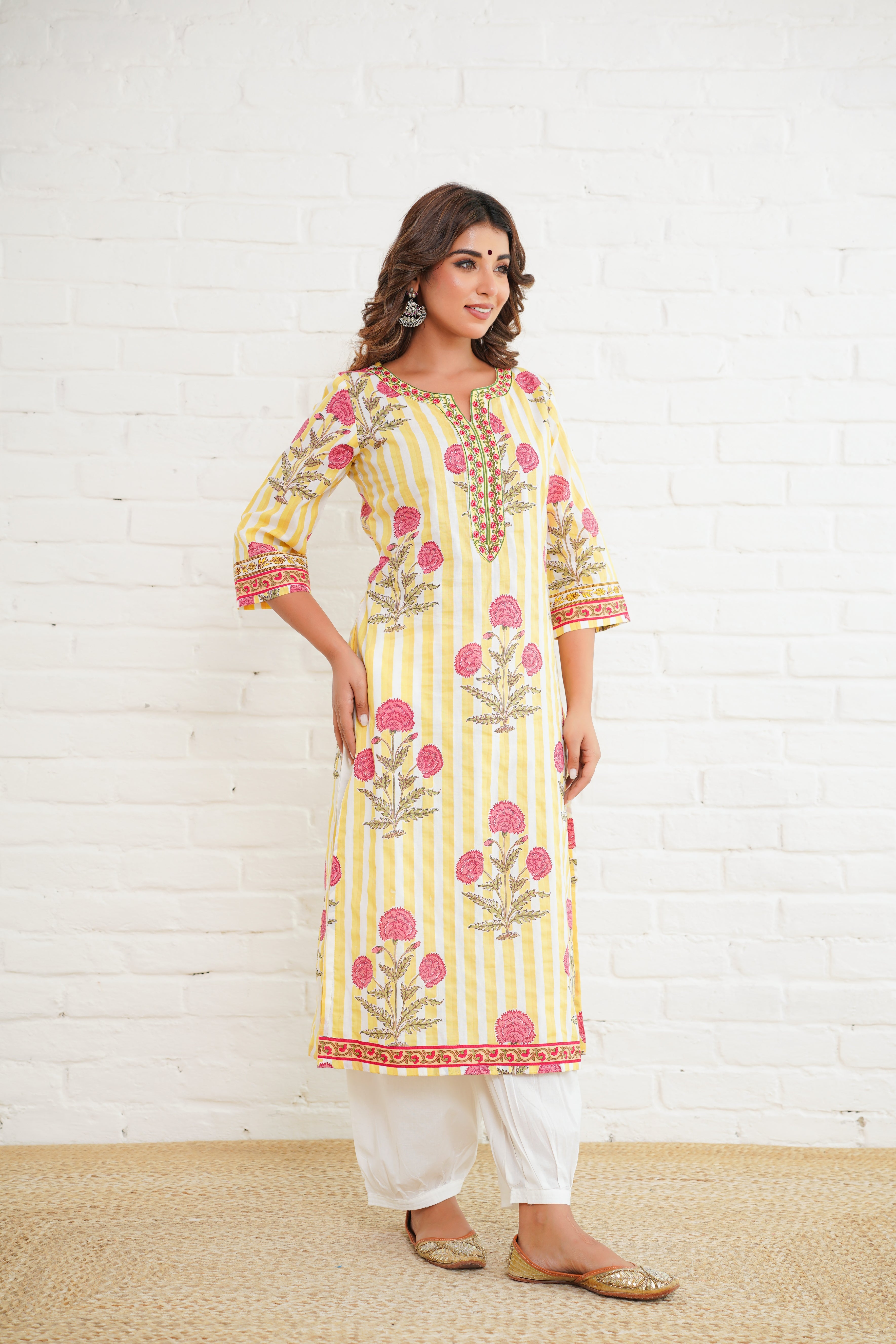 Yellow Stripe Printed Cotton Kurta