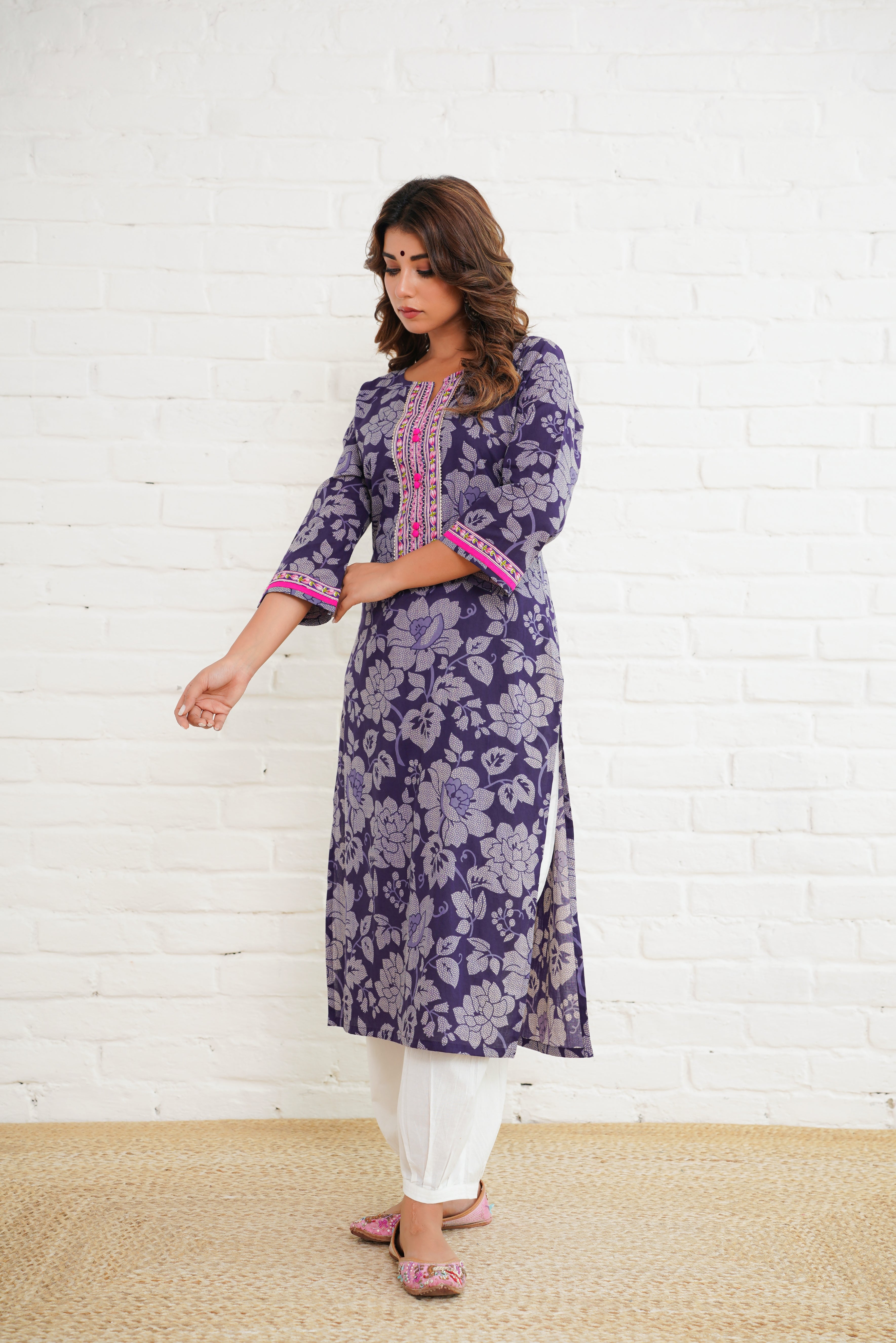 Purple Floral Cotton Printed Kurta