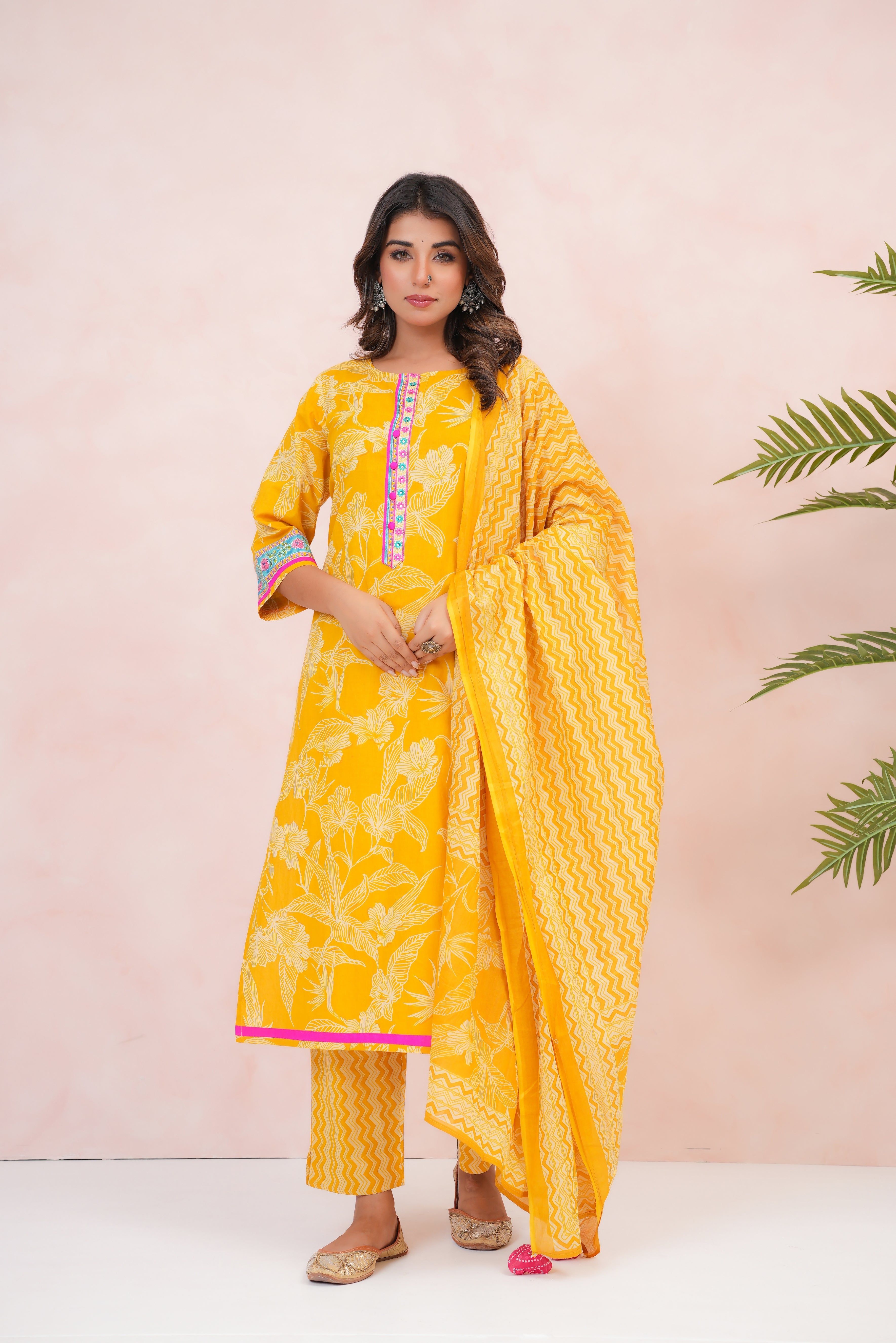 Mustard Floral Printed Cotton Suit Set