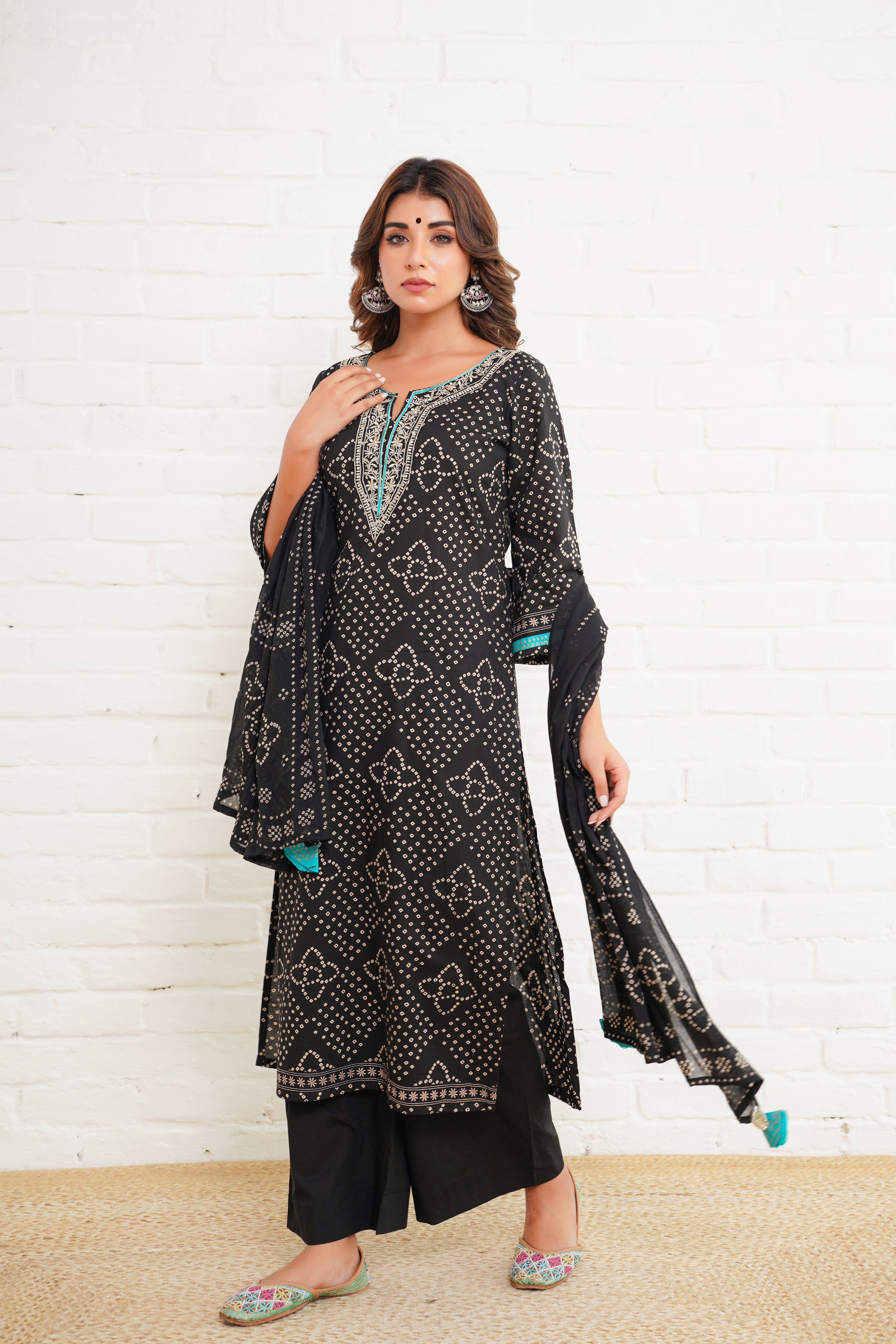 Black Bhandej Cotton Suit Set