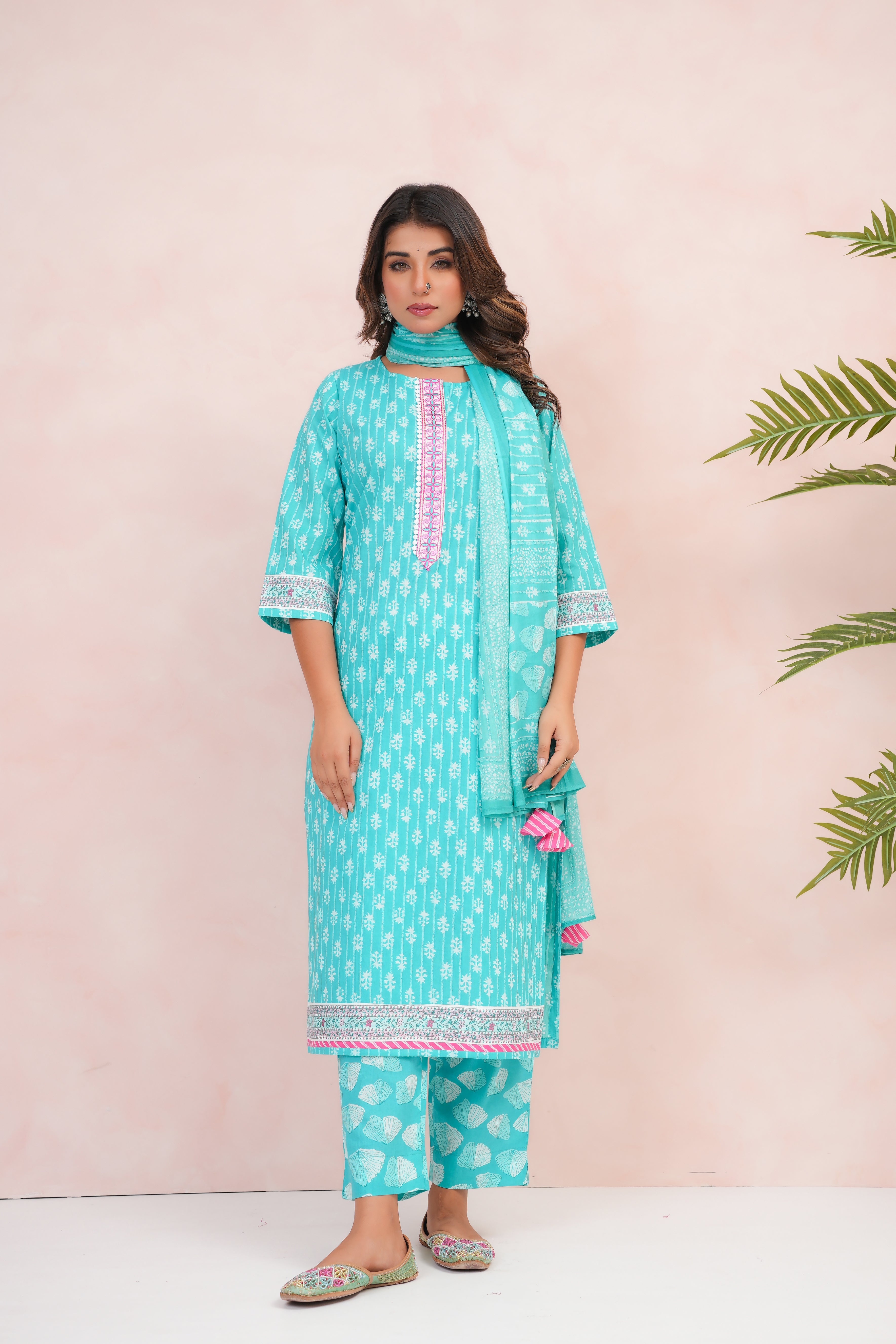 Turquoise Motif Printed Cotton Suit Set