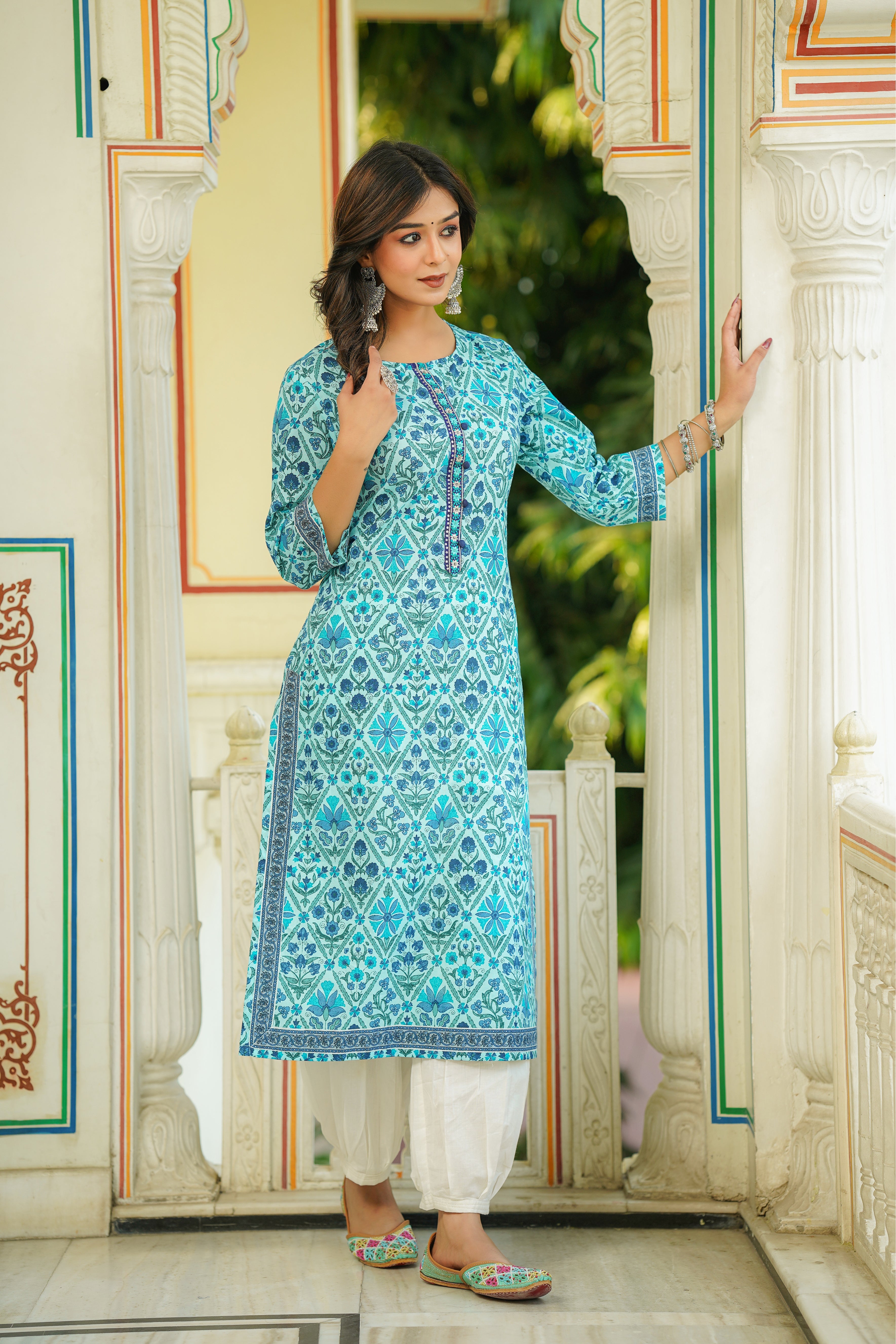 Blue Floral Printed Cotton Kurta