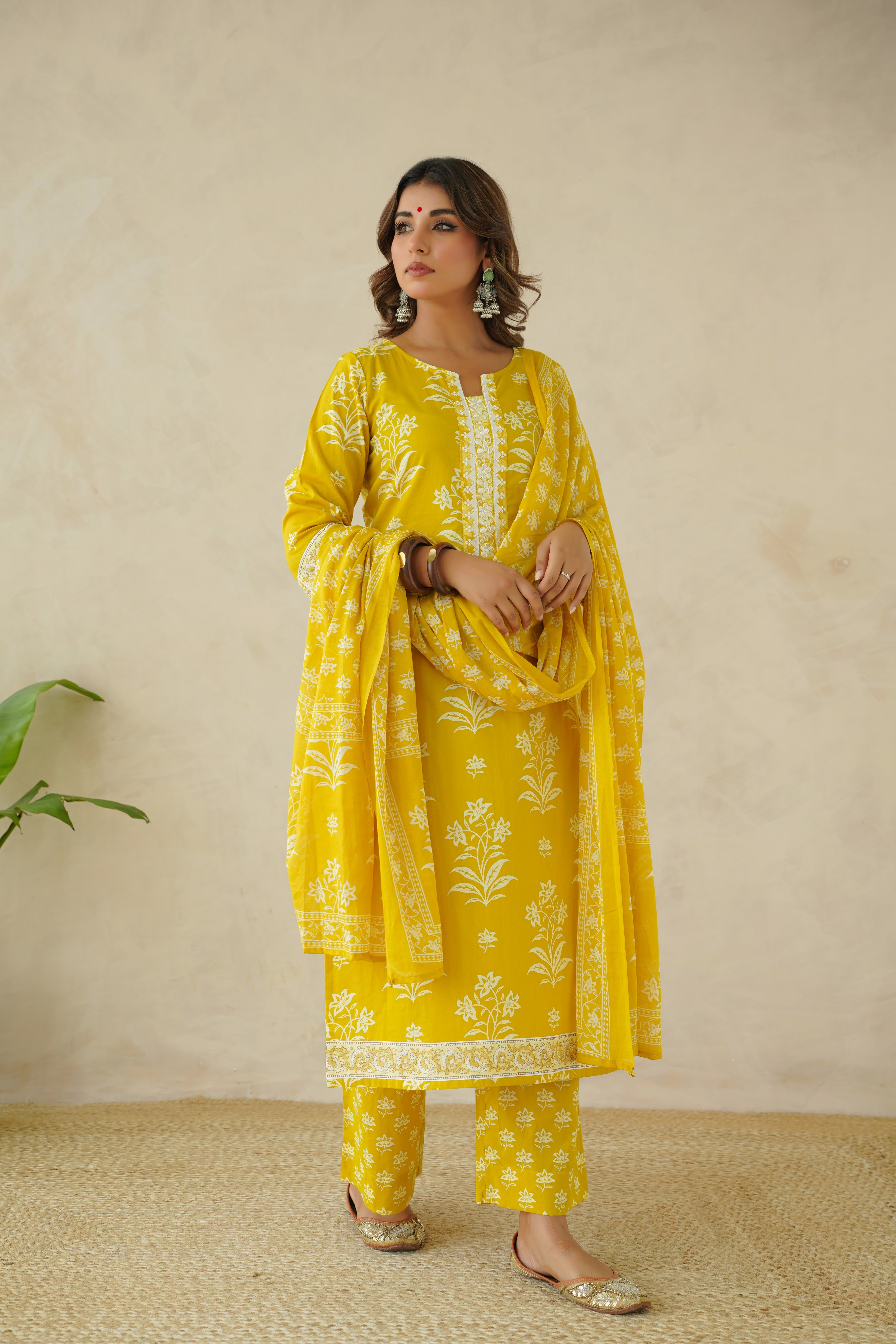 Yellow Motif  Printed Suit Set