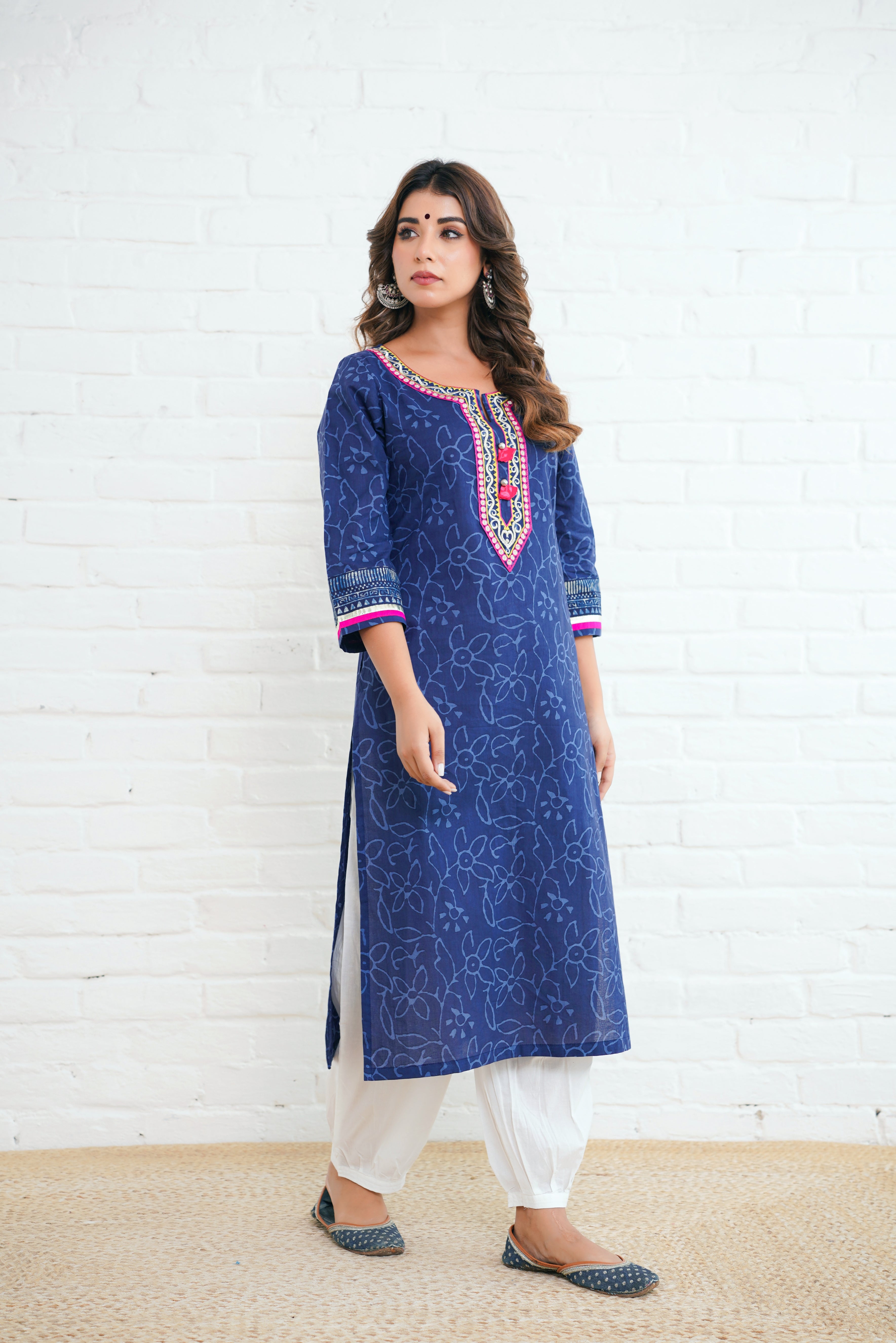 Indigo Floral Printed Cotton Kurta