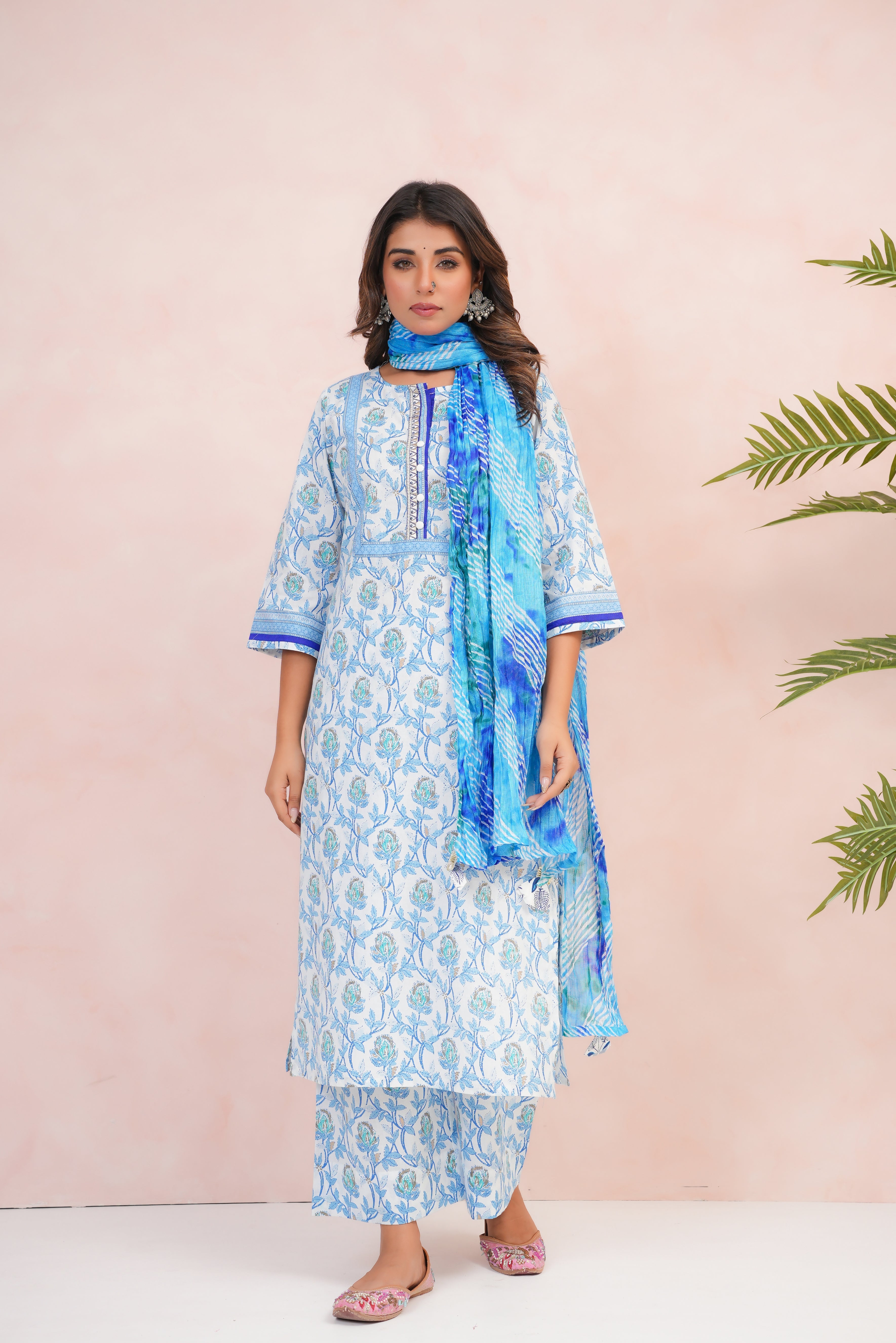 Blue Floral Printed Cotton Suit Set