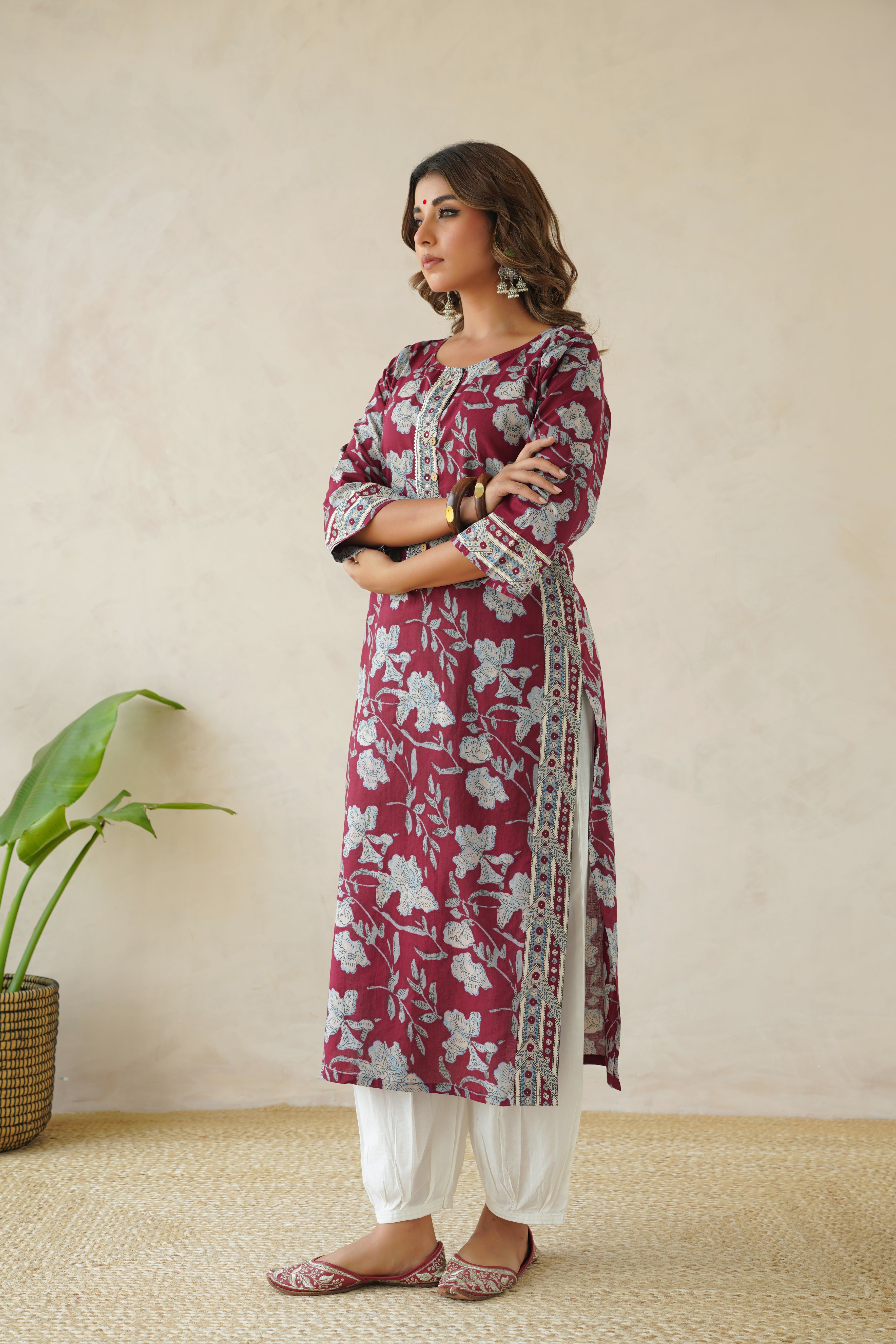 Wine Floral Cotton Printed Kurta