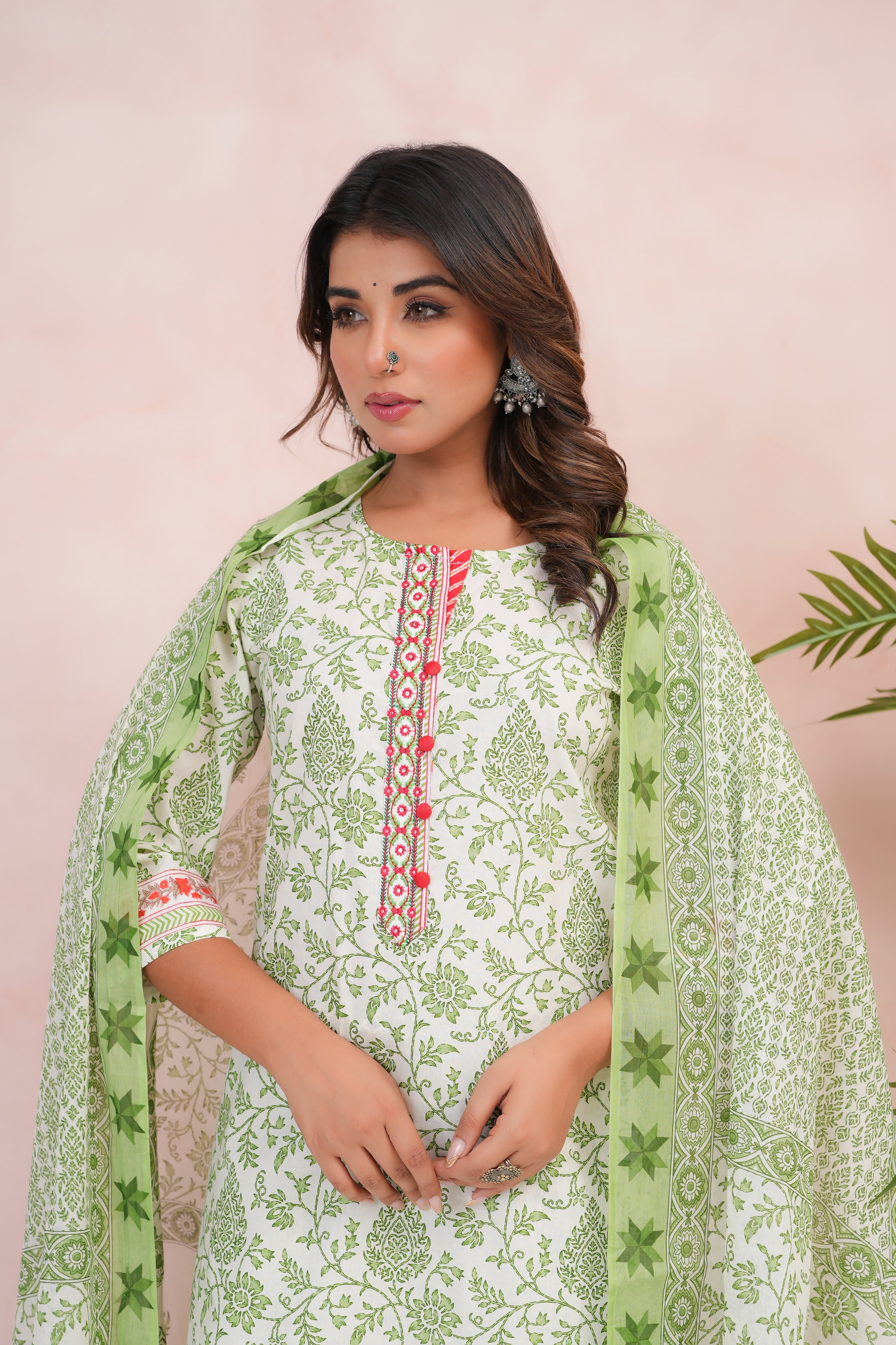 Green Motif Printed Cotton Suit Set