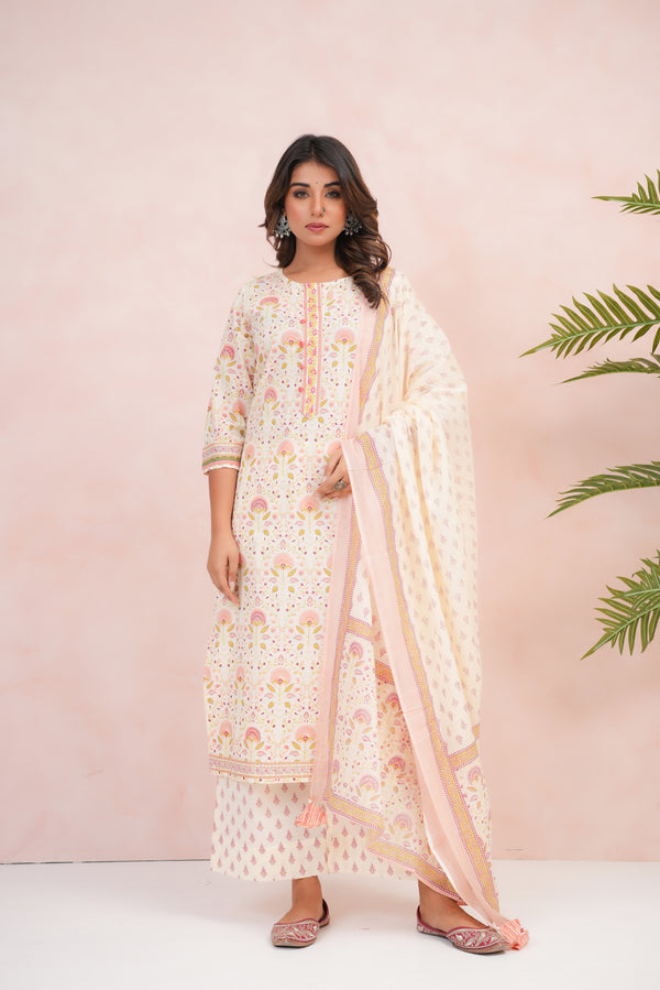 Peach Floral Printed Cotton Suit Set