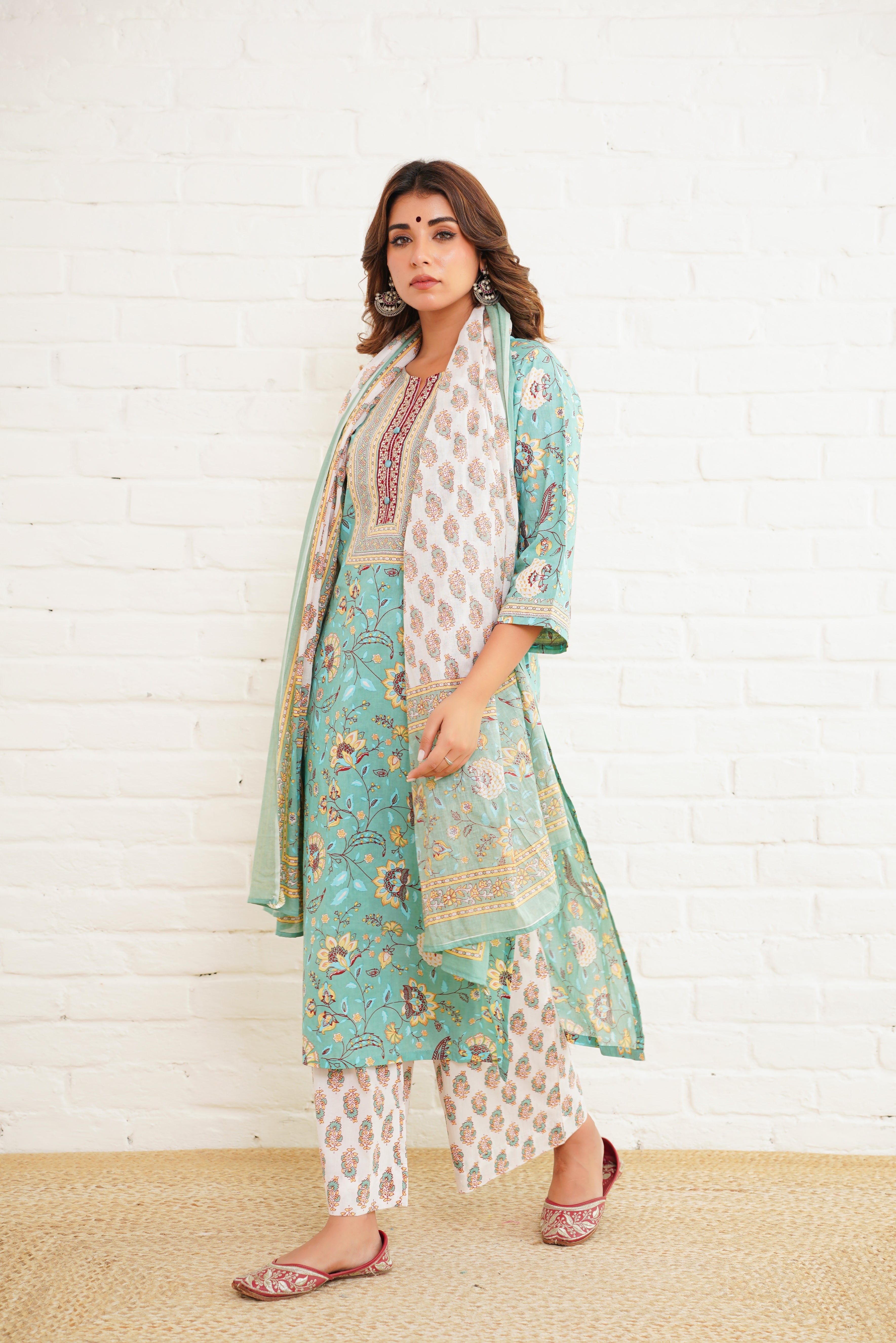 Sea Green Printed Cotton Suit Set
