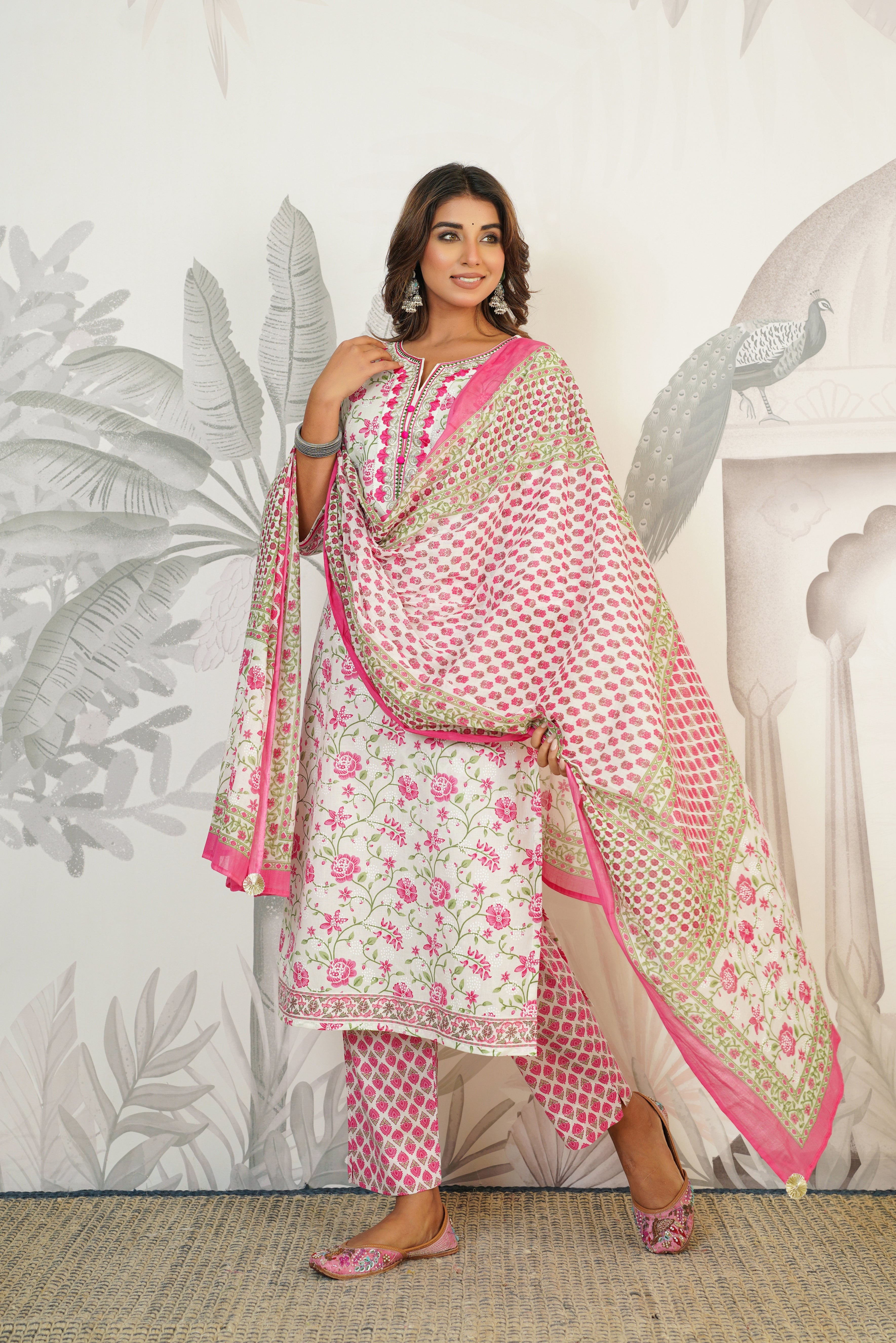 White Floral Printed Cotton Suit Set