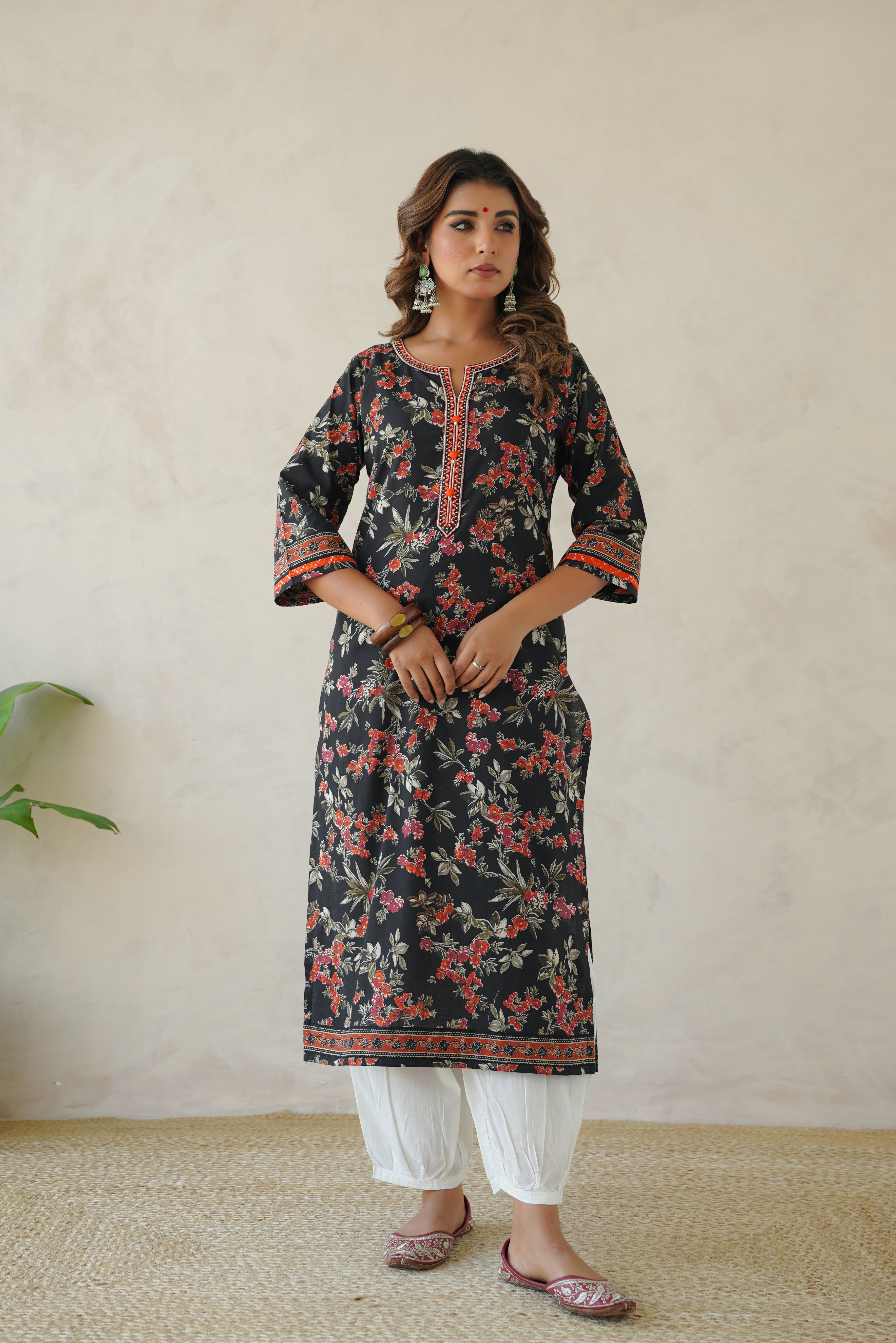 Black Floral Cotton Printed Kurta