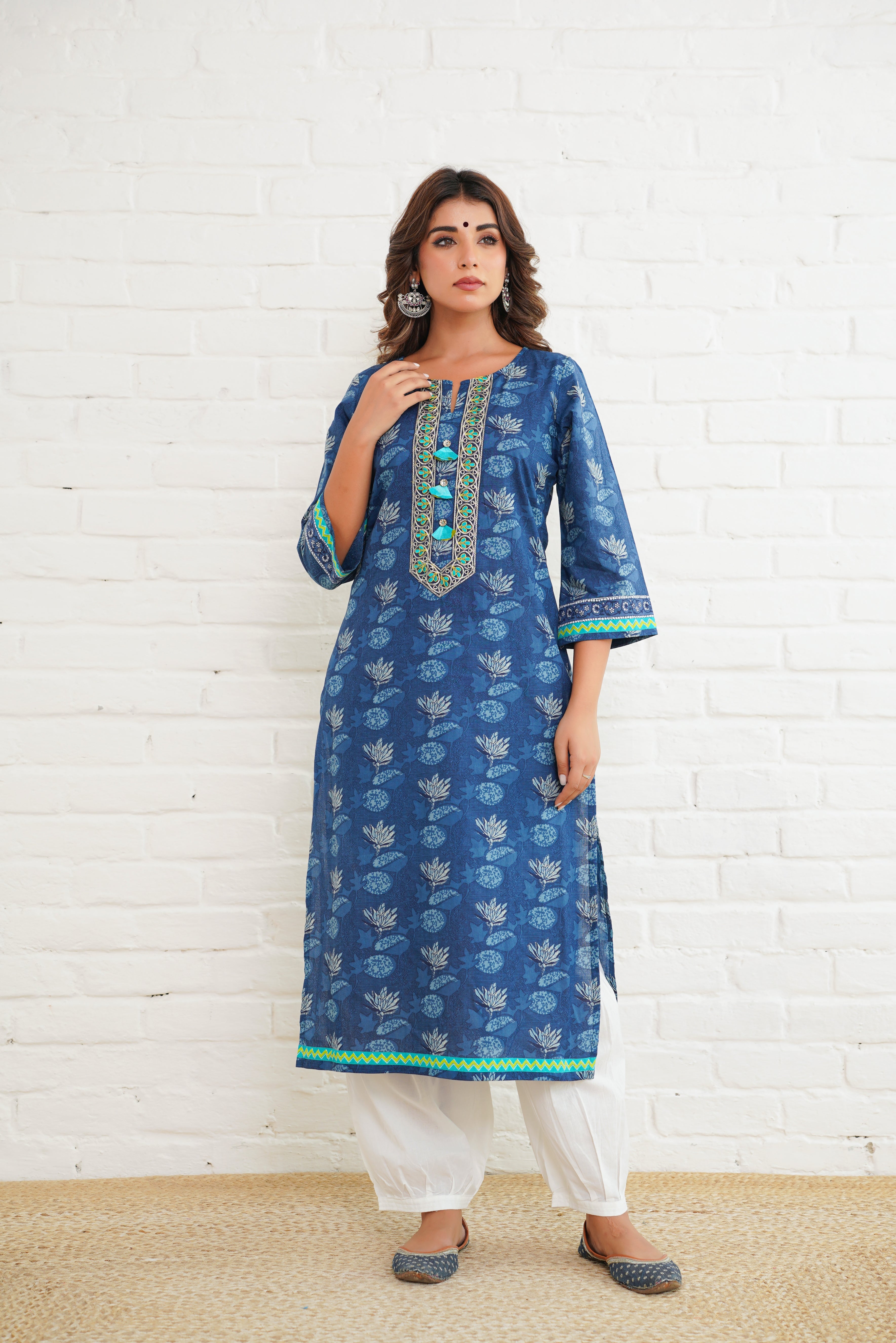 Indigo Floral Cotton Printed Kurta