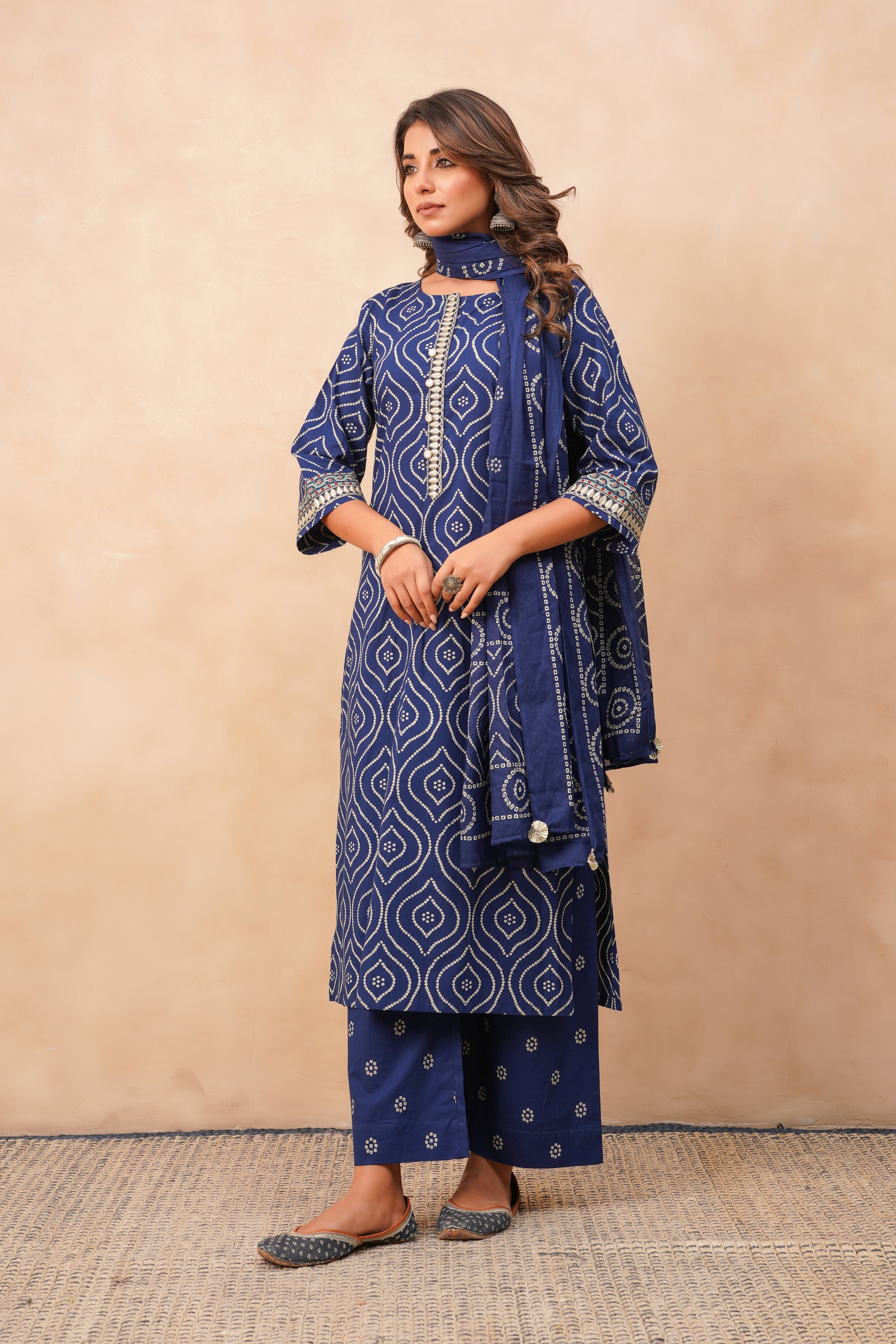 Blue Bhandej Printed Cotton Suit Set