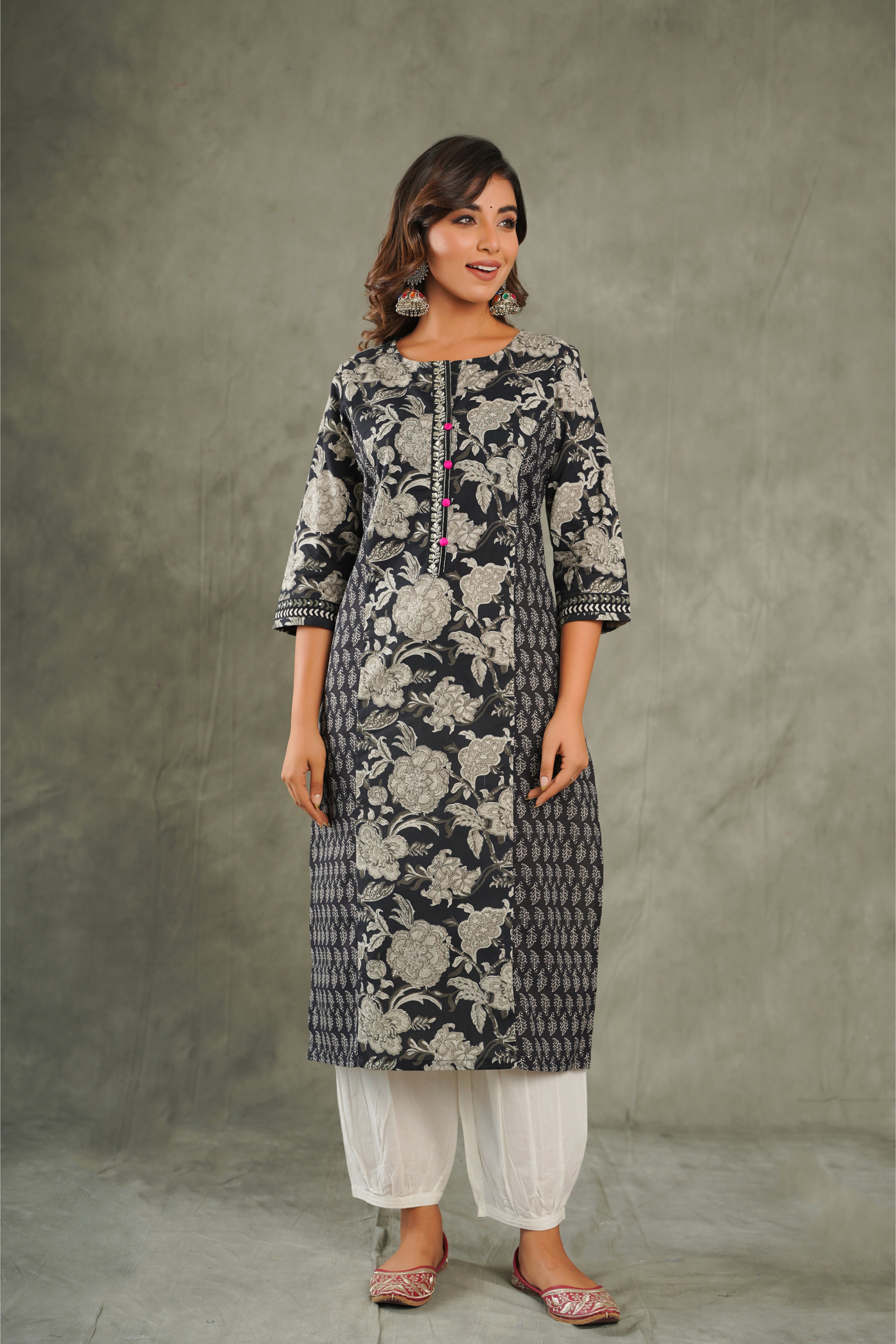 Black Floral Printed Cotton Kurta