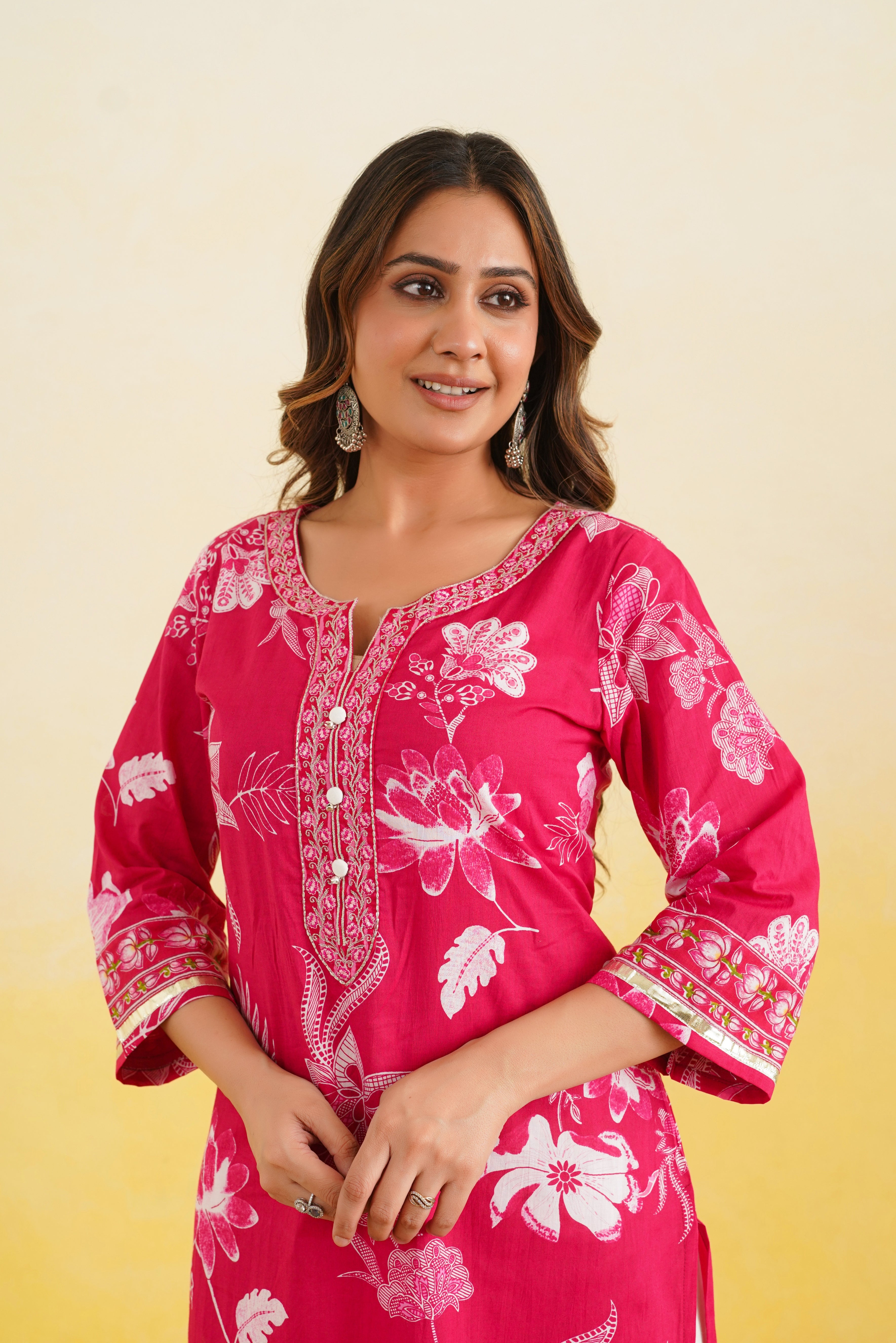 Pink Floral Printed Cotton Kurta
