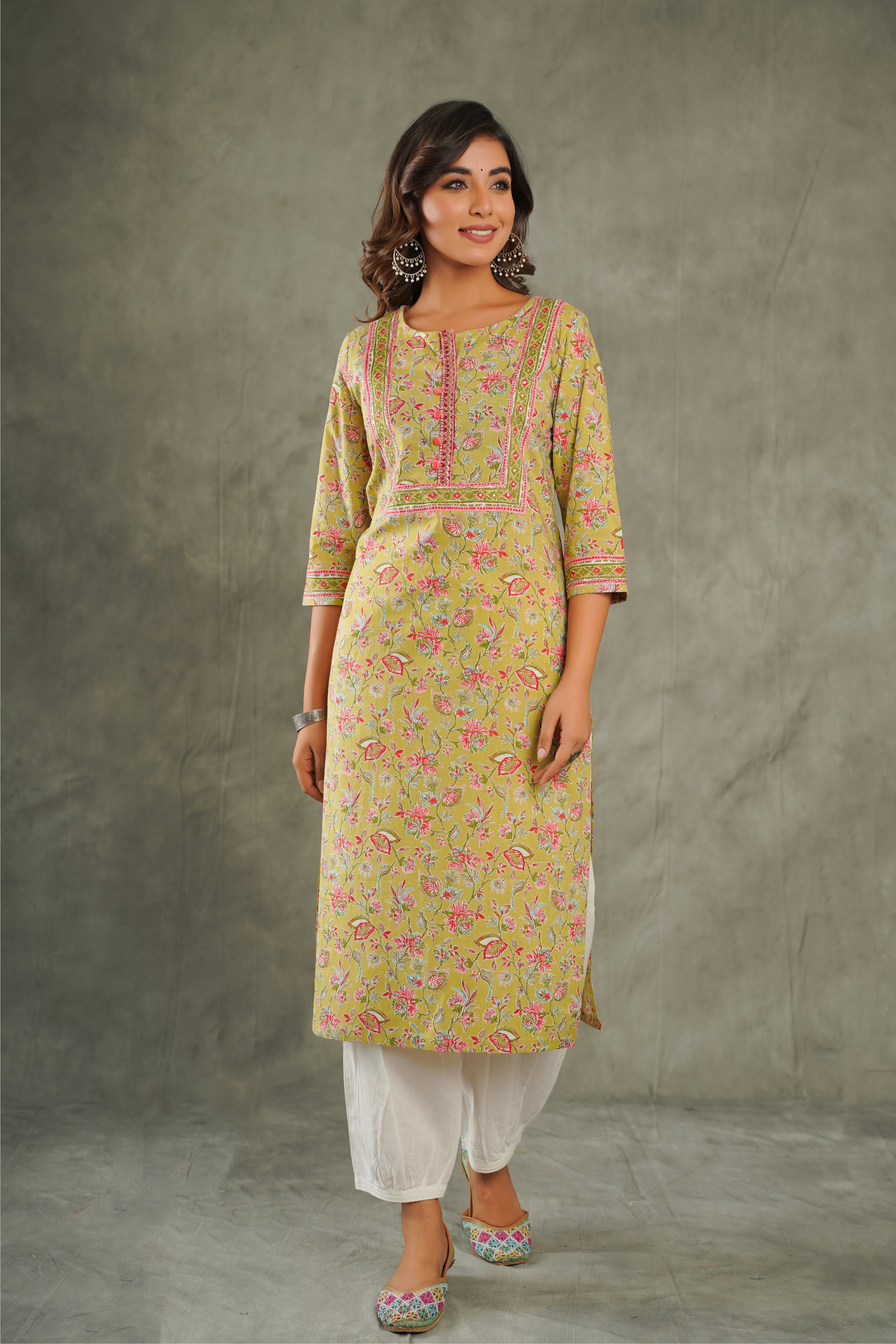 Mehendi Floral Printed Cotton Kurta