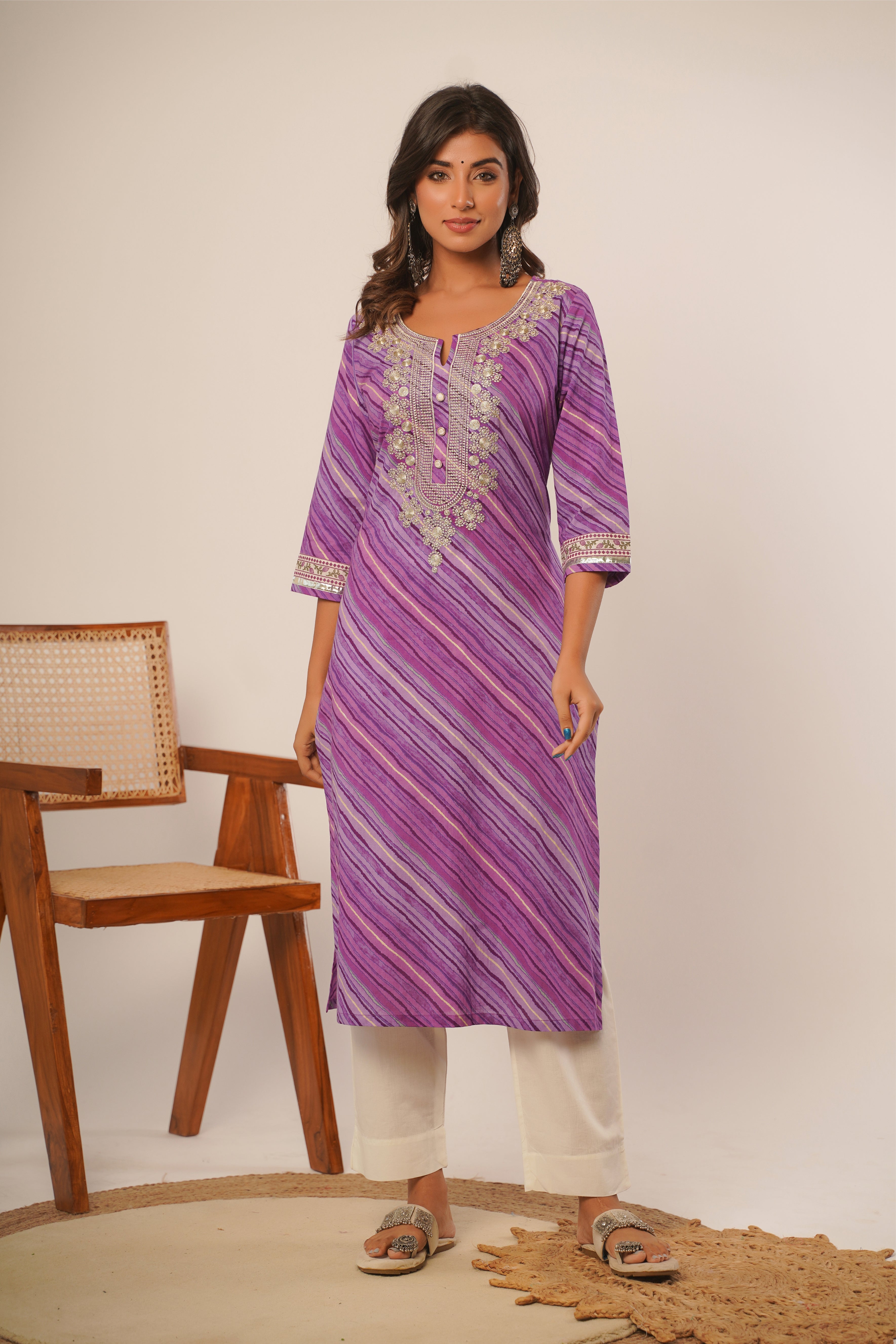 Embroidered Purple Leheriya Cotton Kurta