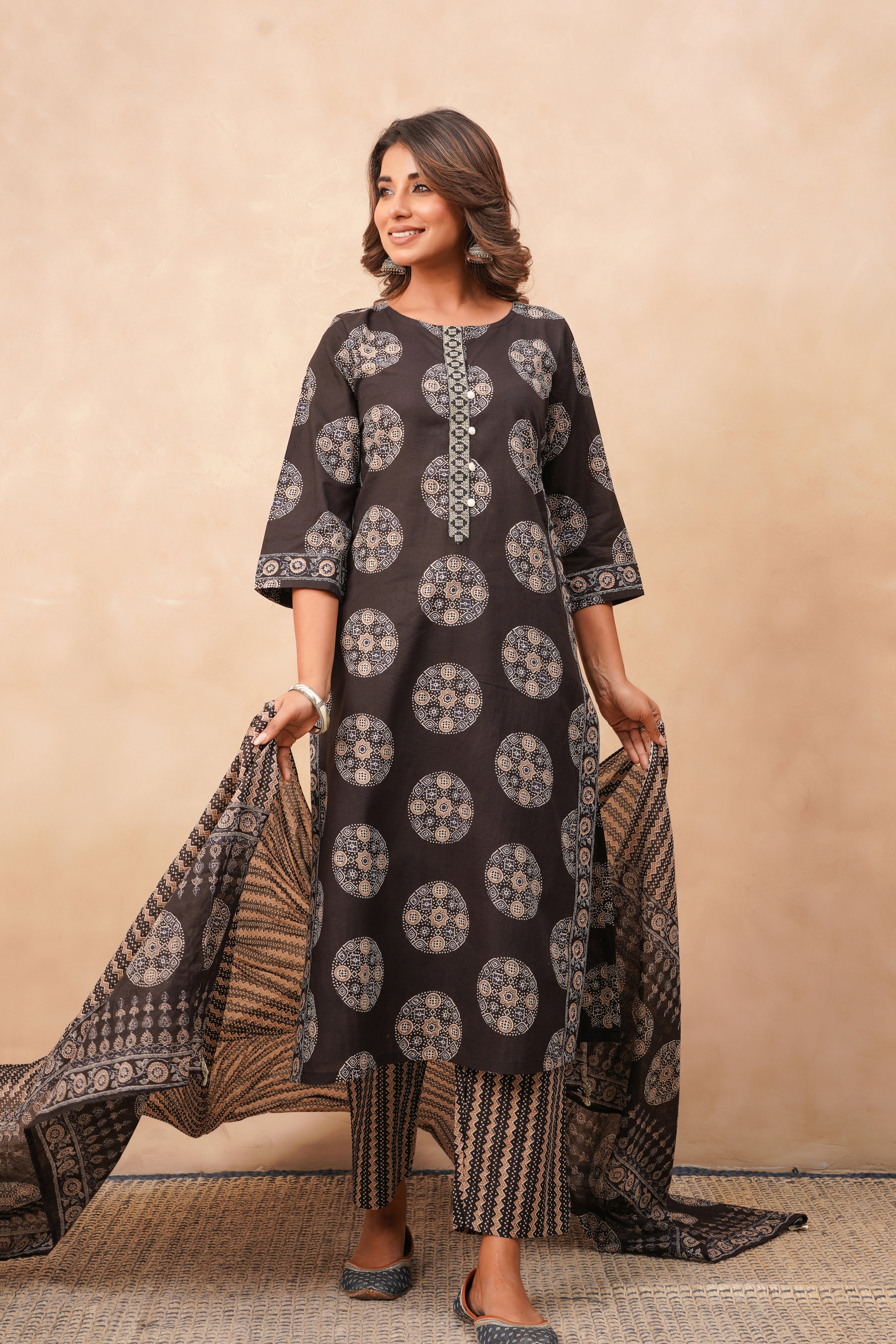 Black Geometric Printed Cotton Suit Set