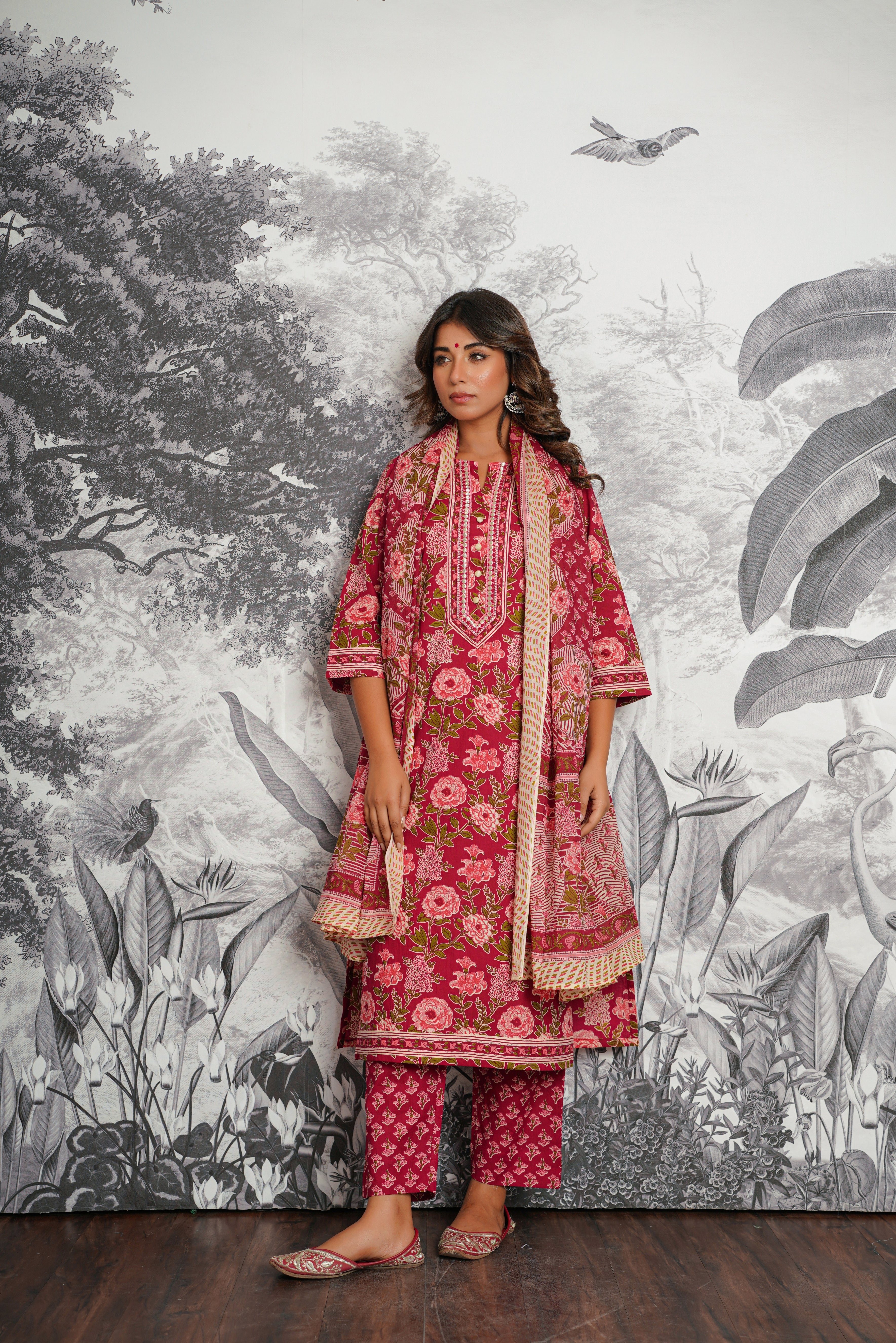 Maroon Floral Printed Cotton Suit Set