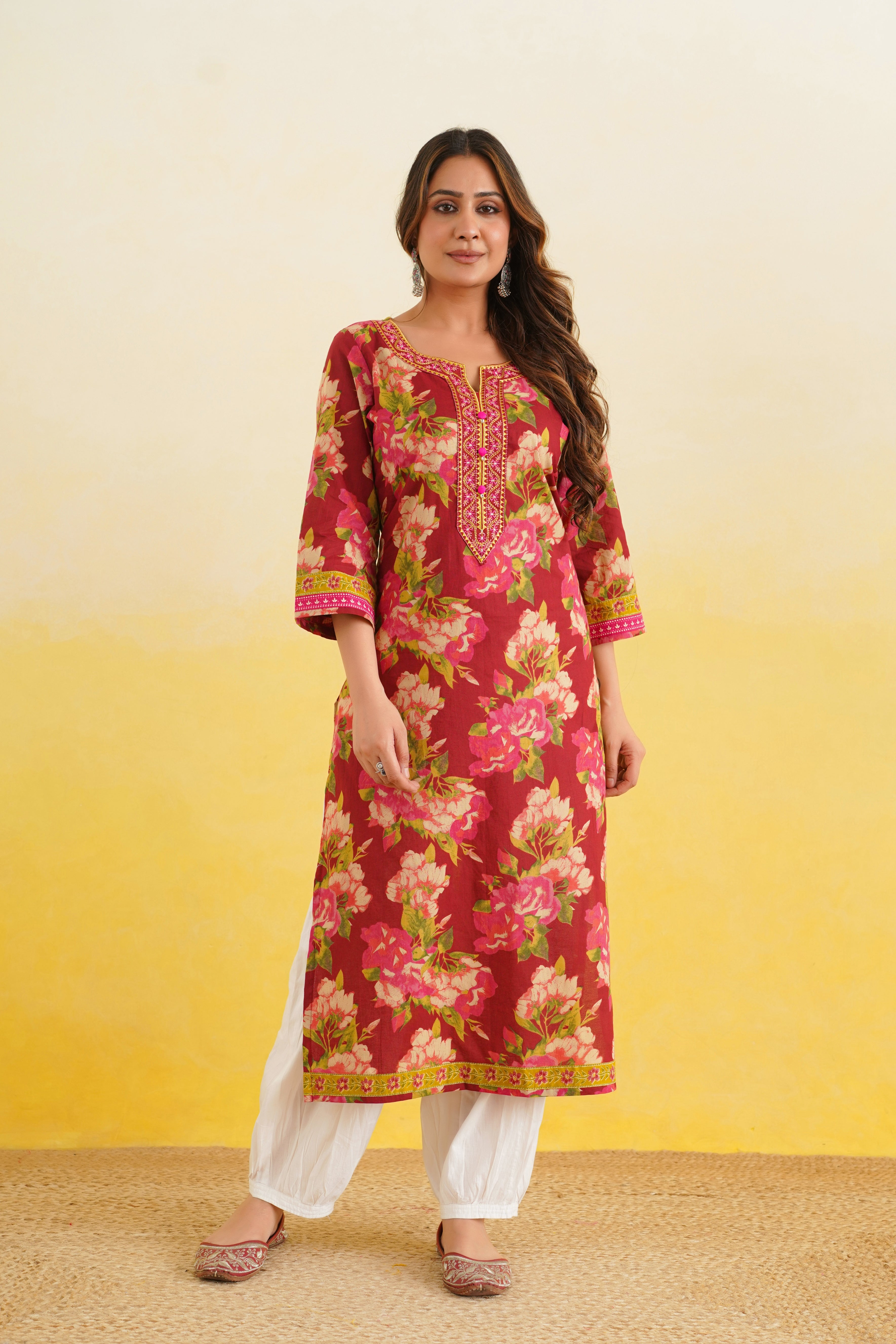 Maroon Floral Printed Cotton Kurta