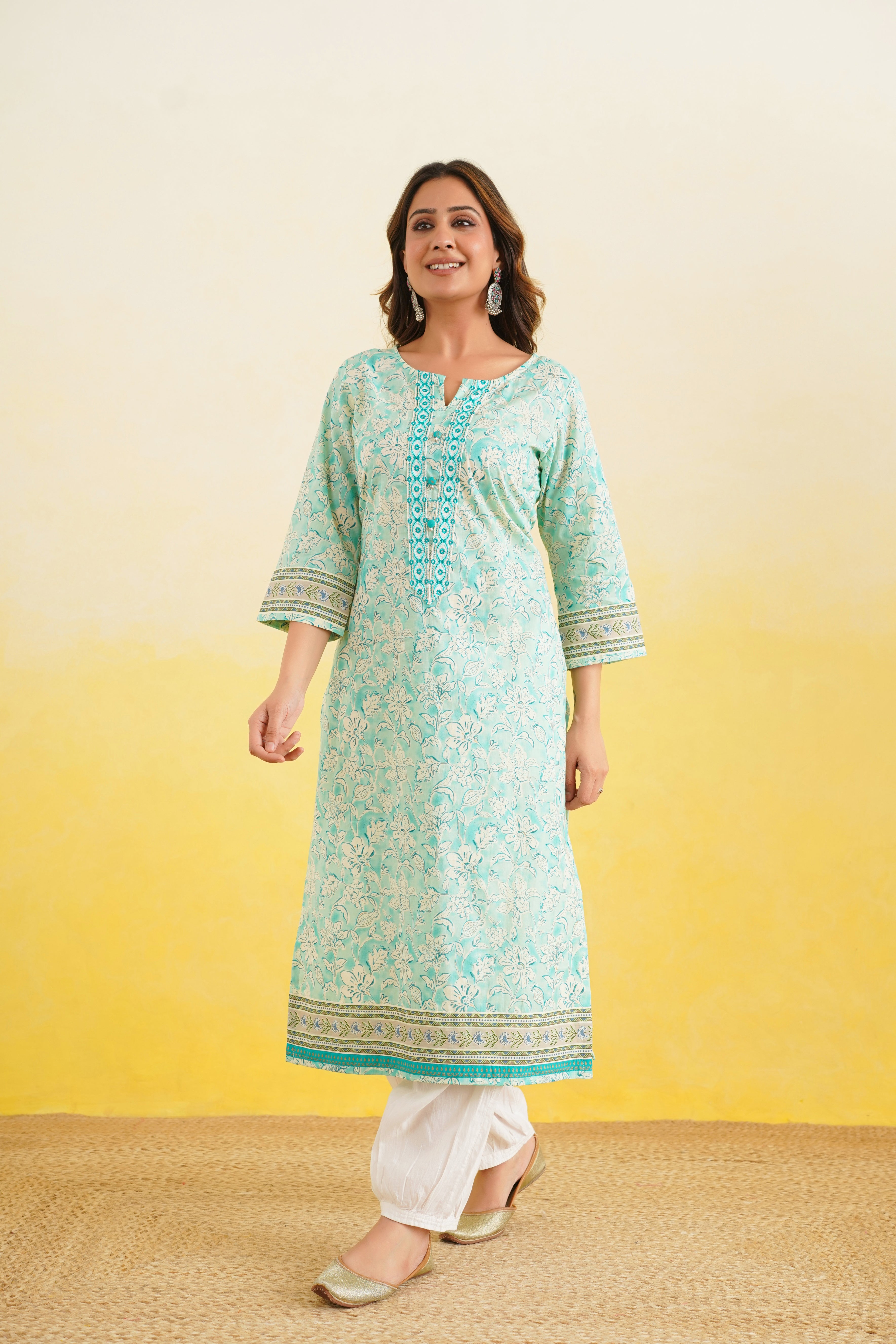 Turquoise Floral Printed Cotton Kurta