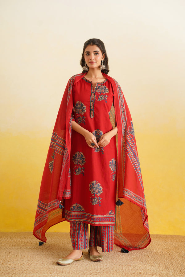 Maroon Motif Printed Cotton Suit Set