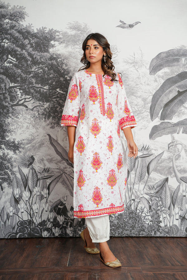 White Motif Printed Cotton Kurta