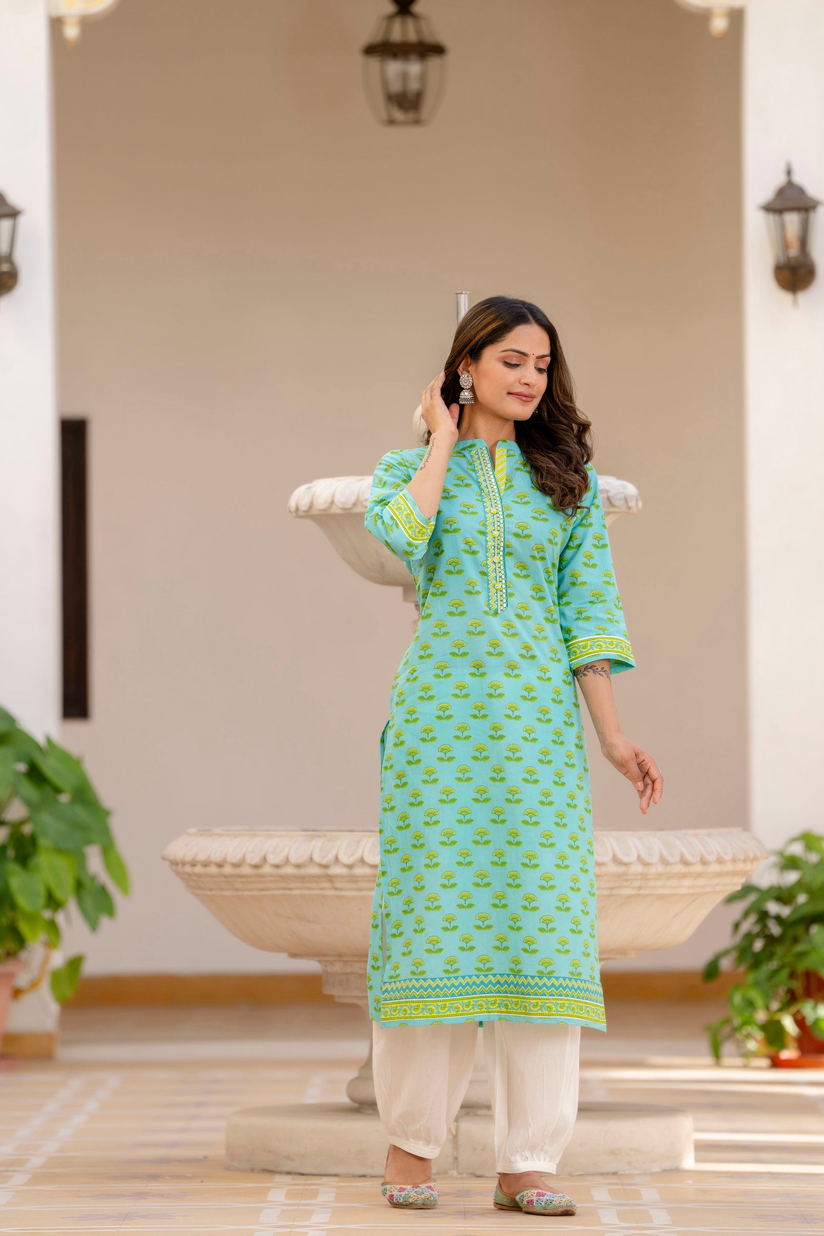 Sea Green Motif Printed Cotton Kurta