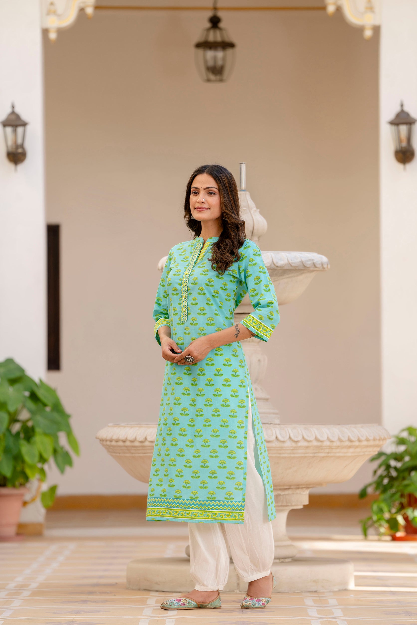 Sea Green Motif Printed Cotton Kurta