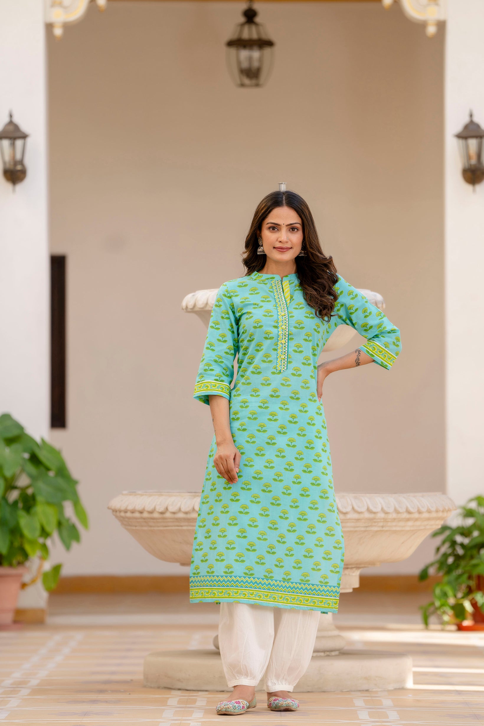 Sea Green Motif Printed Cotton Kurta