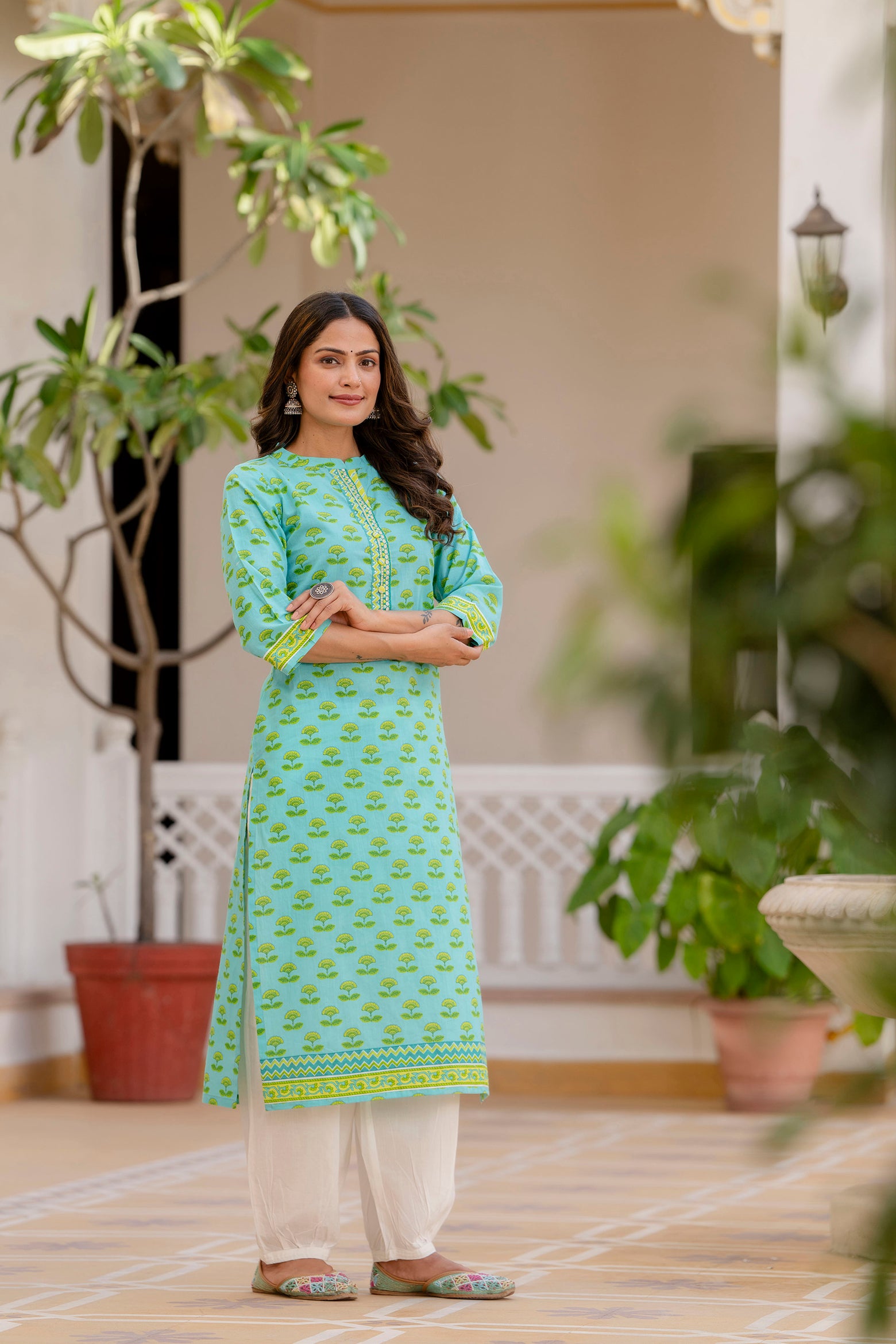 Sea Green Motif Printed Cotton Kurta