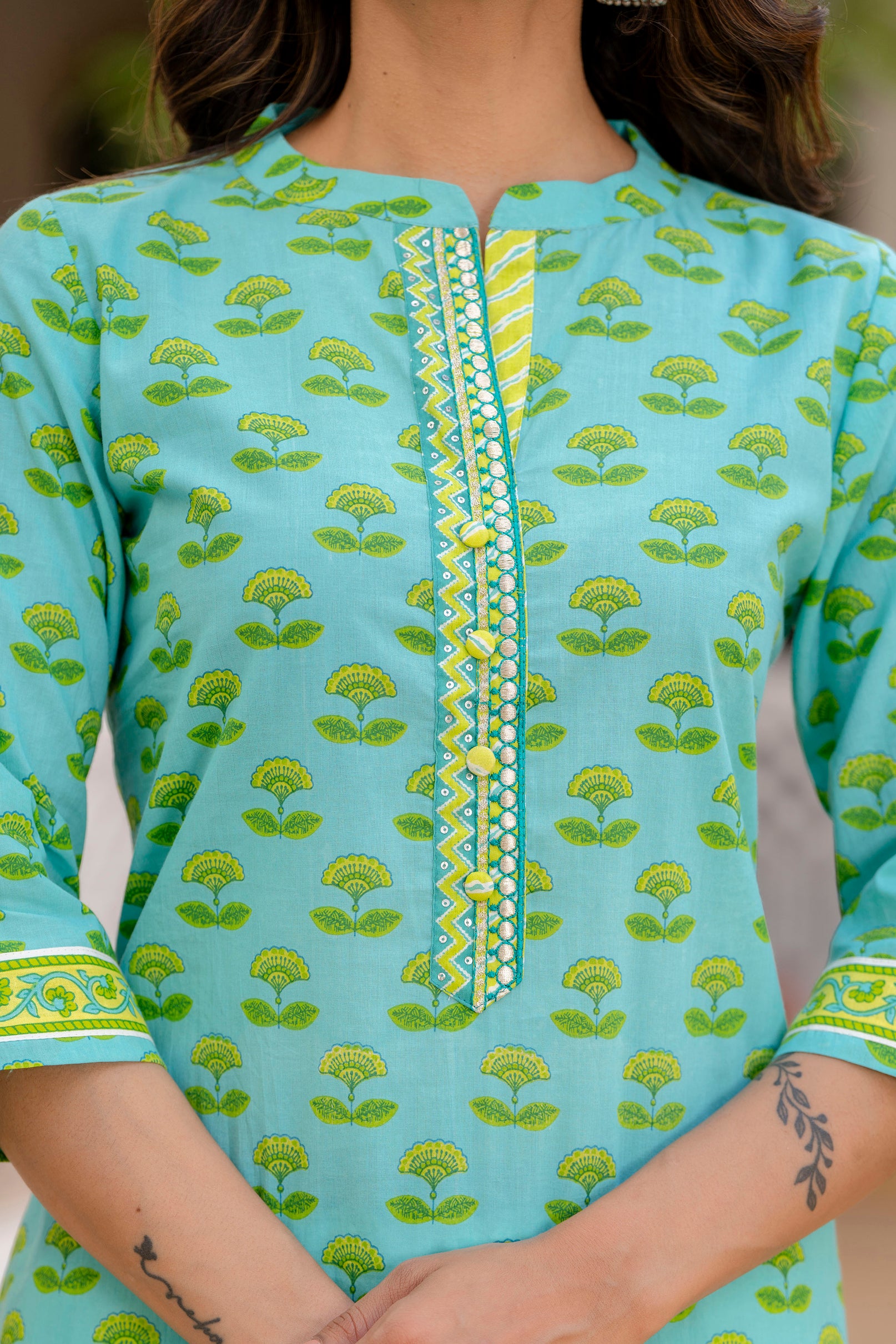 Sea Green Motif Printed Cotton Kurta